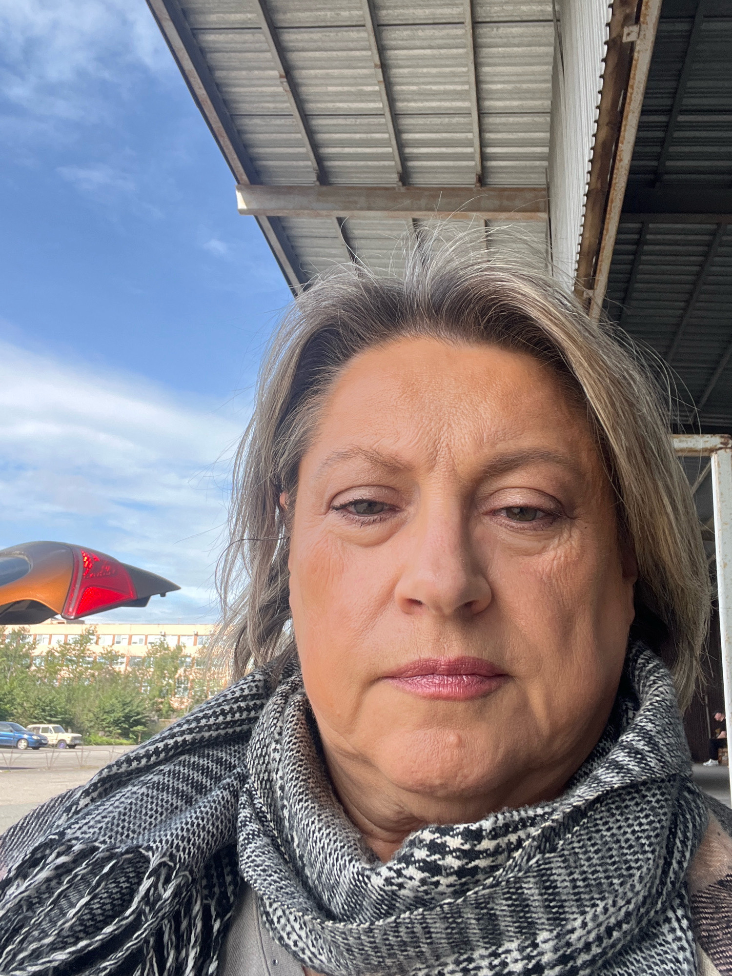 A middle-aged woman with graying blonde hair and a grey and black patterned scarf is captured in a close-up selfie. She is looking directly at the camera with a neutral expression. The background shows a blue sky with clouds and a corrugated metal roof structure, characteristic of an industrial or utilitarian building. To the left, a blurry red and orange object, possibly a car's taillight, is visible. Behind that, a building facade and trees can be seen, with parked cars in the distance. The overall impression is an outdoor setting, likely in an urban or industrial area.