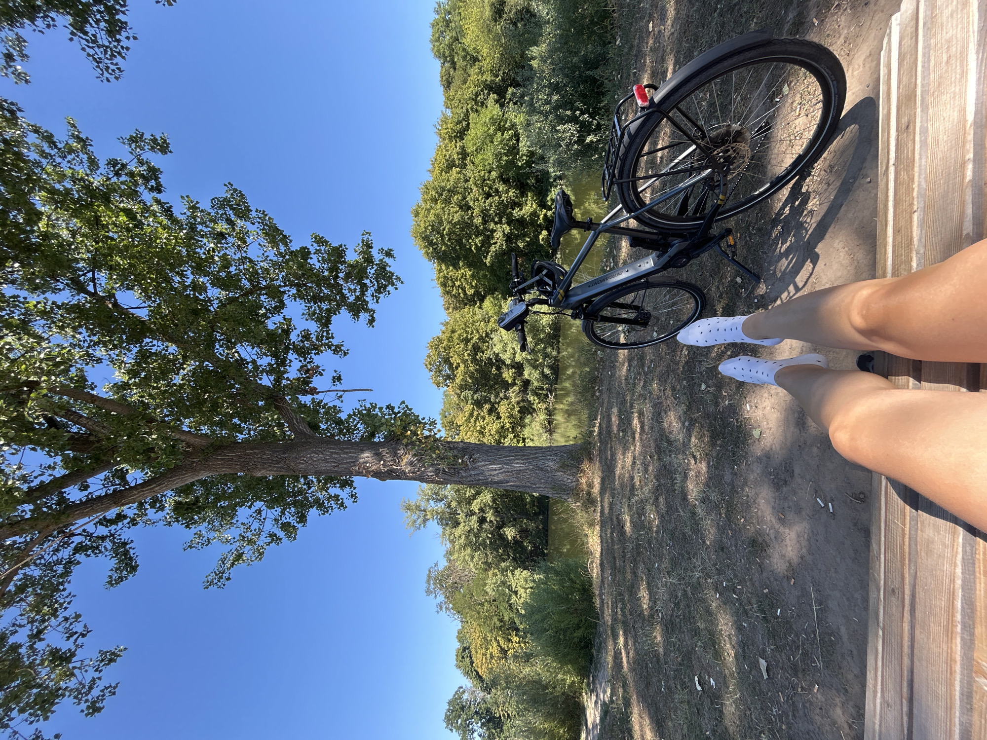 A full shot captures a serene outdoor scene with a person relaxing on a wooden bench in the foreground. Their legs, clad in white perforated socks, extend towards the viewer, suggesting a moment of repose. To the right of the bench, an electric bicycle stands upright, its dark frame contrasting with the sun-dappled ground. The background is dominated by a lush landscape, with a tranquil body of water reflecting the vibrant green of the surrounding trees. A large tree with a textured trunk stands prominently in the mid-ground, its branches reaching towards a clear blue sky. The scene suggests a leisurely day spent outdoors, possibly in a park or by a lake.