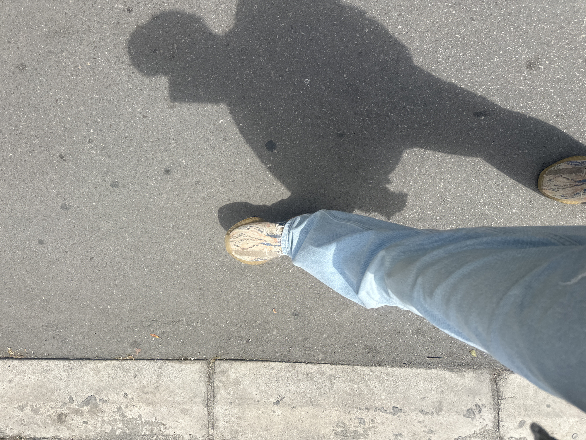 A person is standing on a sidewalk adjacent to an asphalt street. The person is wearing blue jeans and patterned shoes. The person's shadow is cast on the asphalt. The location is not discernible from the image.