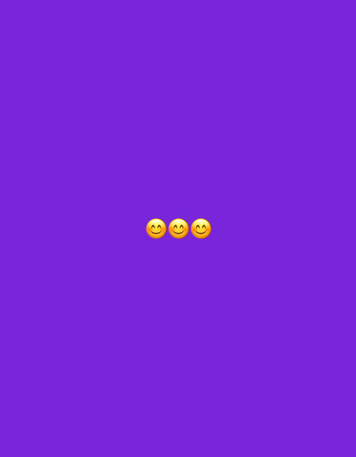 The image displays a minimalist composition set against a solid, vibrant purple background. Three identical yellow smiley face emojis are centrally positioned in a horizontal row, evenly spaced. Each emoji features a classic round yellow face with a simple, arched black smile and two small, curved eyebrows, conveying an expression of happiness or amusement. The background is a uniform, bright shade of purple, providing no visual cues for time of day, weather, or a specific physical environment. There are no other subjects, objects, or activities depicted, and no text is visible. Although the image itself lacks geographical indicators, it is associated with the location of Ihtiman, Bulgaria.