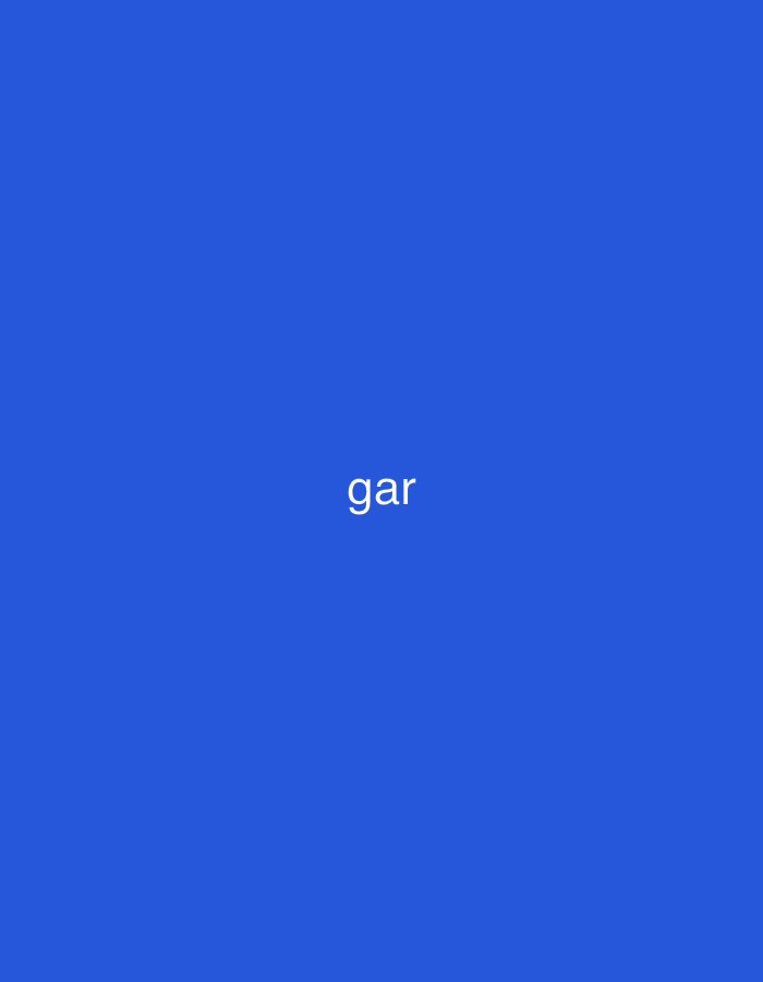 The image displays a uniformly saturated blue field. Positioned centrally within this field is the word "gar," rendered in white, lowercase, sans-serif typography. The text is sharply defined against the blue background, without any visible textures, shadows, or additional graphical elements. No other subjects, objects, or environmental context are present within the frame.