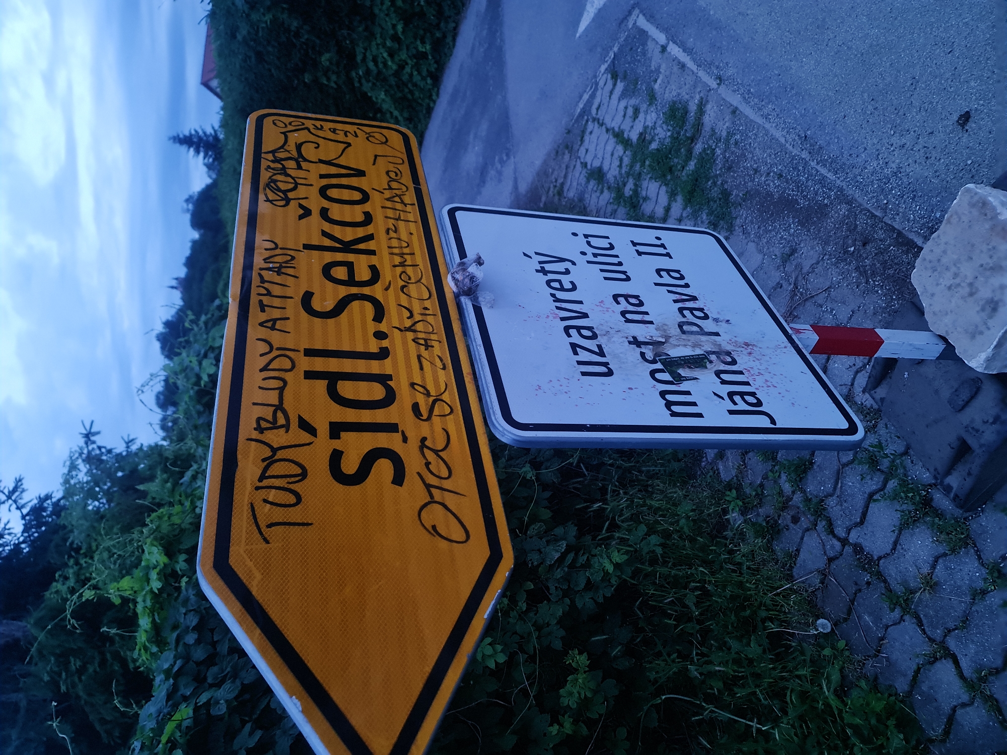 The image shows two street signs in an outdoor environment. The primary sign is a large yellow directional sign with black text and a black border. Graffiti in black marker is visible on this sign. The text on the yellow sign reads "TUDY BLUDY ATPYADY sidL.Sekčov" and below that, in smaller, messier script, "Ota se z aby.CeMU? HABE".
Below the yellow sign is a smaller white rectangular sign with a black border. This sign has red splatters on its surface. The text on the white sign, also in black, reads "uzavrety most na ulici Jàna Pavla II.".
The signs are positioned on a paved area made of interlocking stones, with grass growing between some of the stones. To the left of the signs, there is dense green foliage and trees. In the background, there is a paved road and more greenery, with a building visible in the distance. The sky is overcast and appears to be either dawn or dusk due to the dim lighting. The scene suggests a rural or suburban location, likely on the outskirts of a town or city.
There are no people visible in the image. The graffiti on the yellow sign and the red splatters on the white sign suggest vandalism. The second sign indicates that the bridge on Ján Pavla II. street is closed.
Based on the text on the signs, specifically "ulici Jàna Pavla II.", and the context of street signs, this location could be in the city of Prešov, Slovakia, as Ján Pavla II. is a street name that exists in Prešov. However, without additional context or definitive markers in the image, precise location confirmation within Prešov is not possible.