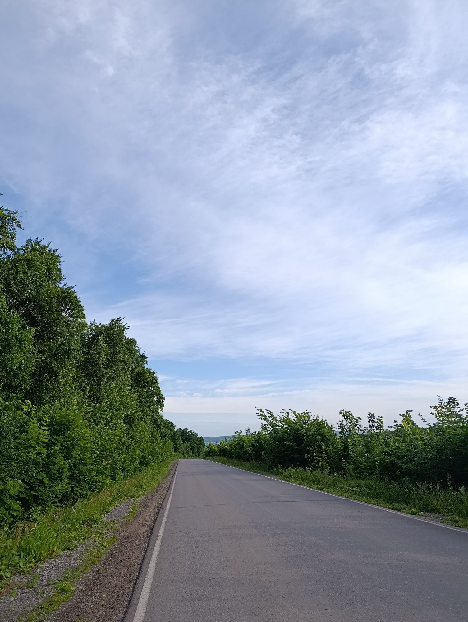 A paved road curves to the right, bordered by dense green trees on the left and sparser trees on the right. The sky is mostly white with wispy clouds, suggesting a bright but overcast day. The road has a white line marking the edge on the left. The environment appears rural or natural, with no buildings or people visible.