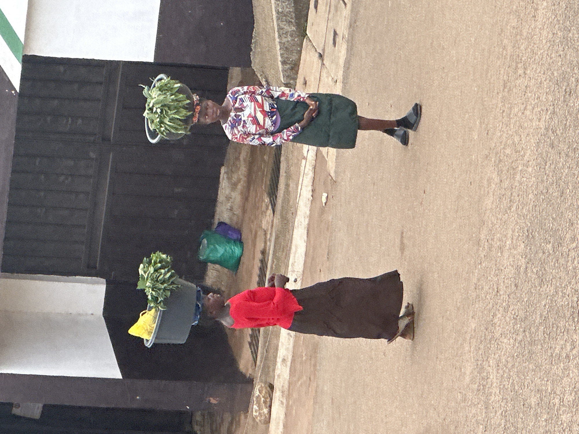 Two women are walking on a paved surface in what appears to be an outdoor marketplace or street in Bukuru, Nigeria. The image is oriented vertically.
The woman in the foreground is wearing a dark skirt and a bright red shirt. She is carrying a large gray bucket on her head, filled with green leafy vegetables. A yellow object, possibly a bag, is tucked into the bucket. Her left hand is slightly raised, and she appears to be walking.
The second woman, further back and slightly to the left, is wearing a dark green skirt and a patterned, long-sleeved shirt. She also has a bucket on her head, containing a large bunch of green leafy vegetables. She is wearing dark shoes and appears to be looking forward. Behind her, two plastic bags, one green and one purple, are visible on the ground.
The setting is an outdoor area with a building on the left side of the frame, featuring dark horizontal planks. The ground is a textured, light brown pavement. The lighting suggests it is daytime. There is no visible text in the image.