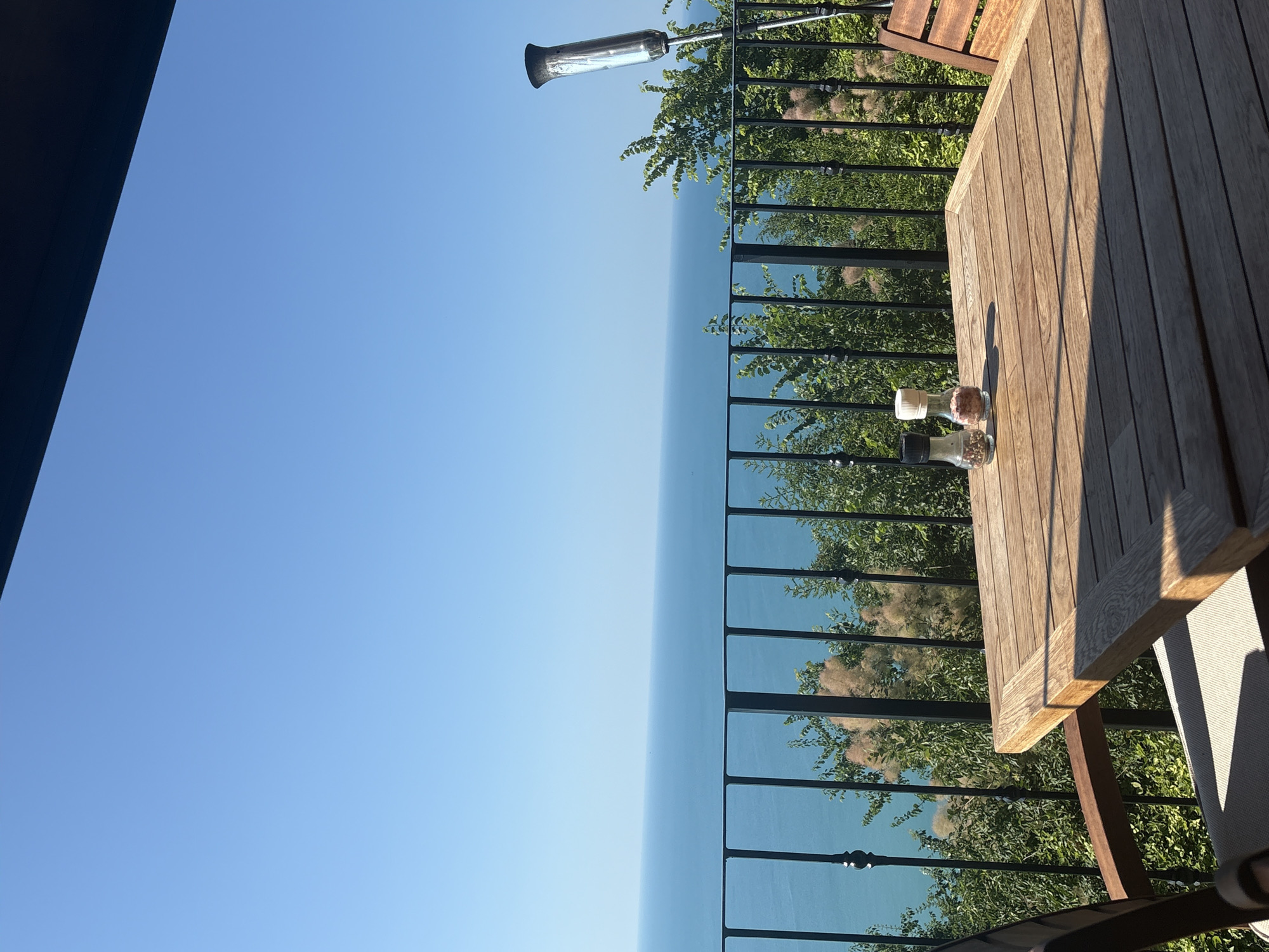 This is a photograph taken from a balcony overlooking a body of water. In the foreground, there is a wooden table set with two glass shakers, one filled with salt and the other with pepper. A wooden chair is partially visible to the left of the table. A black metal railing runs along the edge of the balcony, separating it from the vegetation and the sea beyond. The sea is a vibrant blue, meeting a clear, pale blue sky at the horizon. Lush green trees and bushes are visible behind the railing, with some feathery, light-colored foliage interspersed. On the right side of the frame, a tall, metallic heater or lamp stands behind the railing. The lighting suggests it is a sunny day.