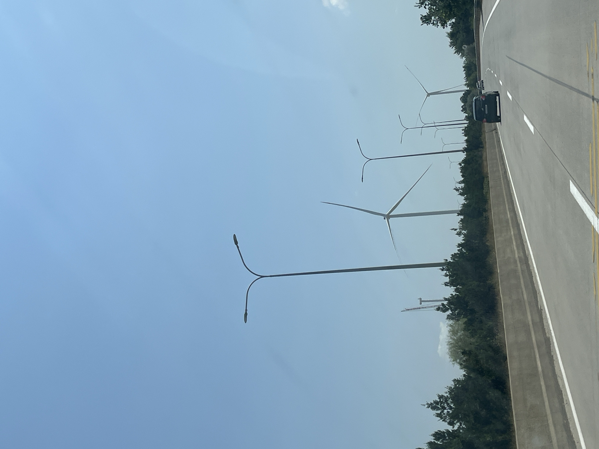 The image shows a highway scene in the city of Ruisi, Georgia, under a clear blue sky. In the foreground, a black SUV is driving on the right lane of a multi-lane highway. To the left of the highway, a concrete barrier separates the road from a line of green trees and shrubs. In the background, several tall wind turbines with their blades extended are visible, along with several streetlights. A large construction crane is also partially visible behind the trees. The road is paved and marked with white and yellow lines. The overall scene depicts a sunny day with active traffic on the highway and industrial infrastructure in the distance.
