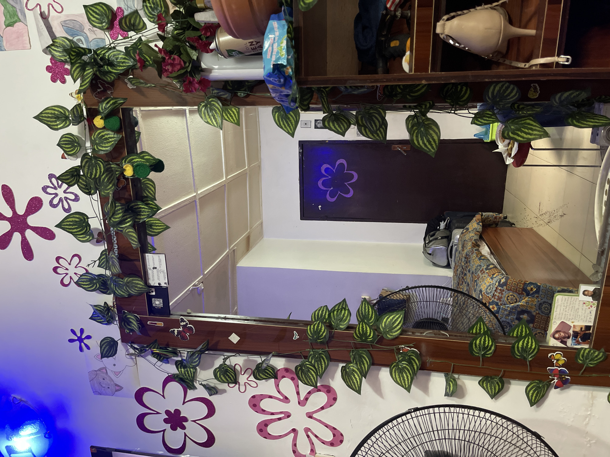 A mirror framed in dark wood and decorated with artificial vines reflects a room. The reflected room includes a closed dark door with a flower-shaped design, a bed with patterned bedding, and a fan. Above the mirror in the reflection is a shelf with various items, including containers and bags. The wall around the mirror is decorated with flower decals and a drawing of a cat. There is a black fan mounted on the wall below the mirror. The scene is likely an interior space, such as a bedroom. There's no evidence of it being in the city of Gwarinpa, Nigeria.
