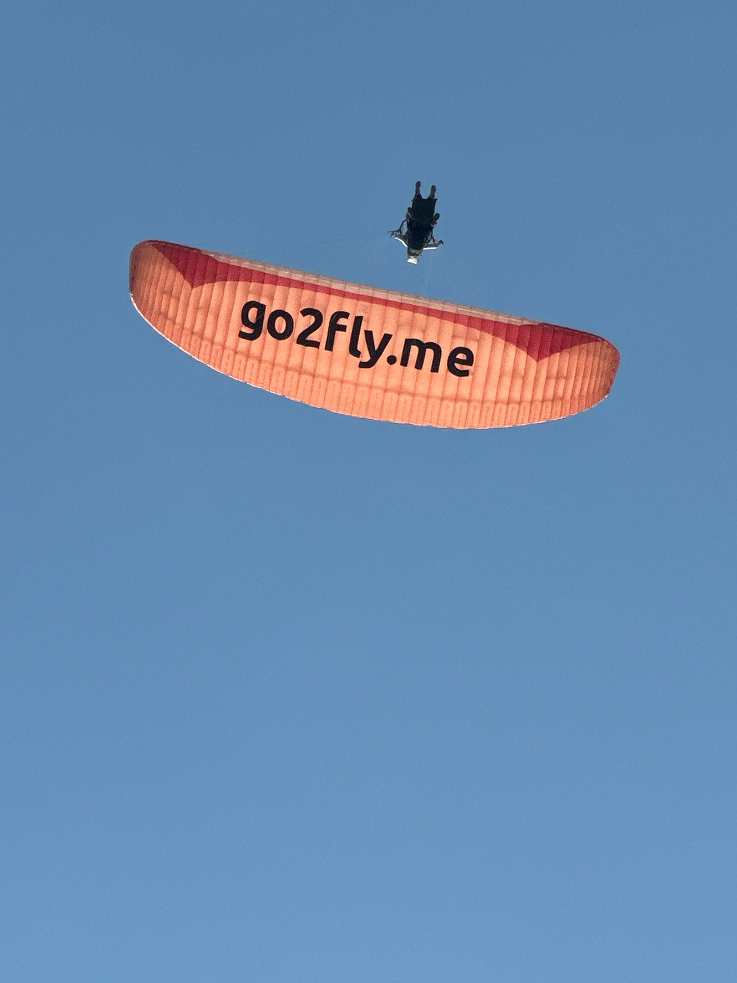 A paraglider is captured mid-air against a clear blue sky. The paraglider, wearing dark clothing and a helmet, is suspended below a large, orange paraglider wing. The wing prominently displays the black text "go2fly.me". The image appears to be taken from below, looking up at the paraglider and wing. No specific location in Boreti, Montenegro can be identified from the visual information provided.