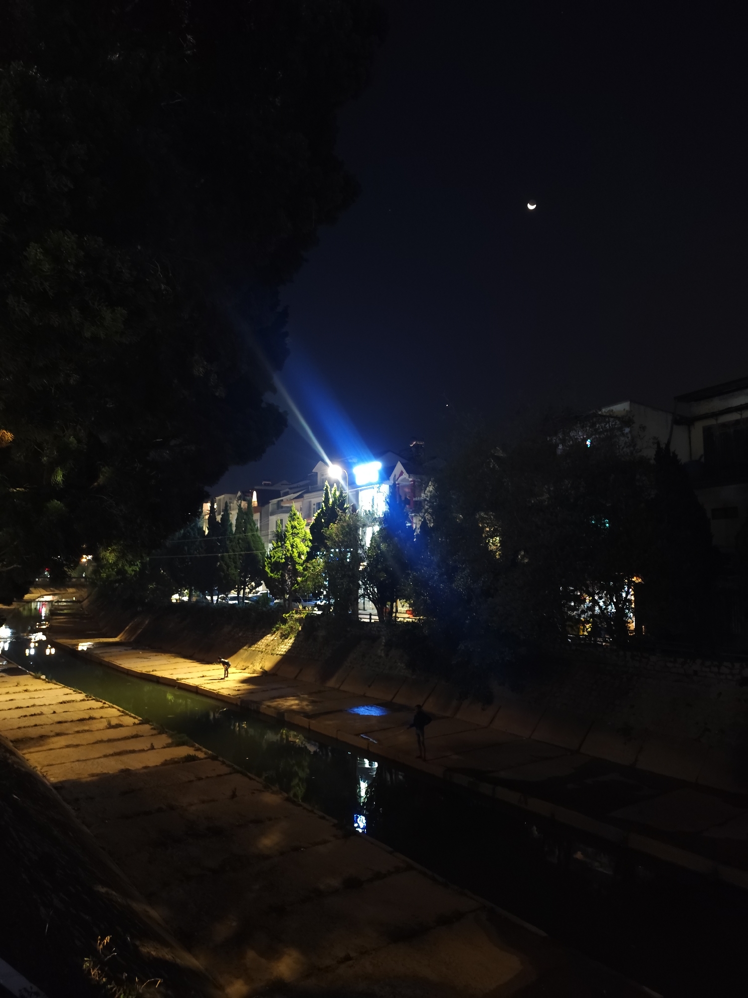 This nighttime photograph captures a serene urban landscape in Da Lat, Vietnam, centered around a man-made canal. The dark, clear sky in the upper portion of the image features a distinct, bright crescent moon positioned towards the upper right, with a few faint stars also visible.
Dense, dark foliage from a large tree frames the left side of the scene, partially obscuring the background. Across the canal, a collection of buildings, likely houses or commercial establishments, are visible, illuminated by their internal and external lights. A prominent, powerful beam of white light originates from one of these structures, cutting across the dark sky. Various trees and greenery line the banks behind the buildings, some showcasing vibrant green hues under the artificial illumination.
The canal flows through the middle and lower sections of the image, appearing as a dark, reflective body of water. Its banks are constructed from light-colored concrete, divided into large, segmented panels. These banks are unevenly lit by unseen sources, creating areas of light and shadow. On the right bank of the canal, a lone figure is visible, bent over near the water's edge, seemingly engaged in an activity on the concrete surface. Further down the canal, subtle reflections of lights from the surrounding environment shimmer on the water. The overall ambiance is peaceful and quiet, characteristic of an urban setting after dark. No discernible text is visible within the frame.
