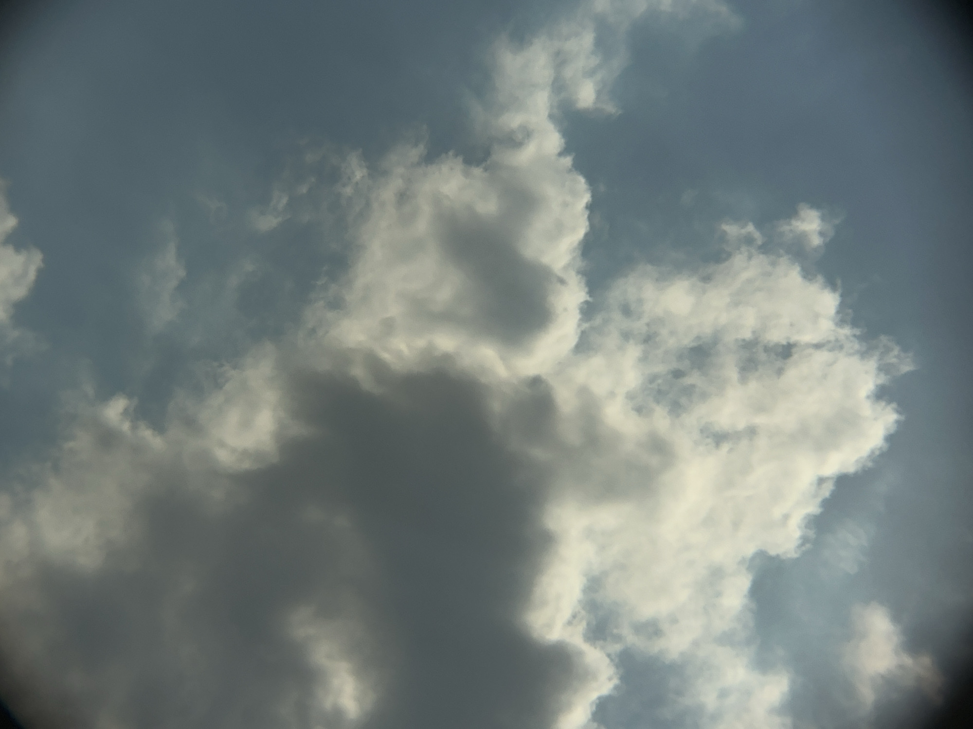 The image depicts a cloudy sky with varying shades of gray and white clouds against a blue-gray sky. There are no visible people, subjects, or objects within the frame, and no discernible actions or interactions are taking place. The environment is solely composed of atmospheric clouds and sky. No specific location in Lyubertsy, Russia can be identified from the visual information provided.