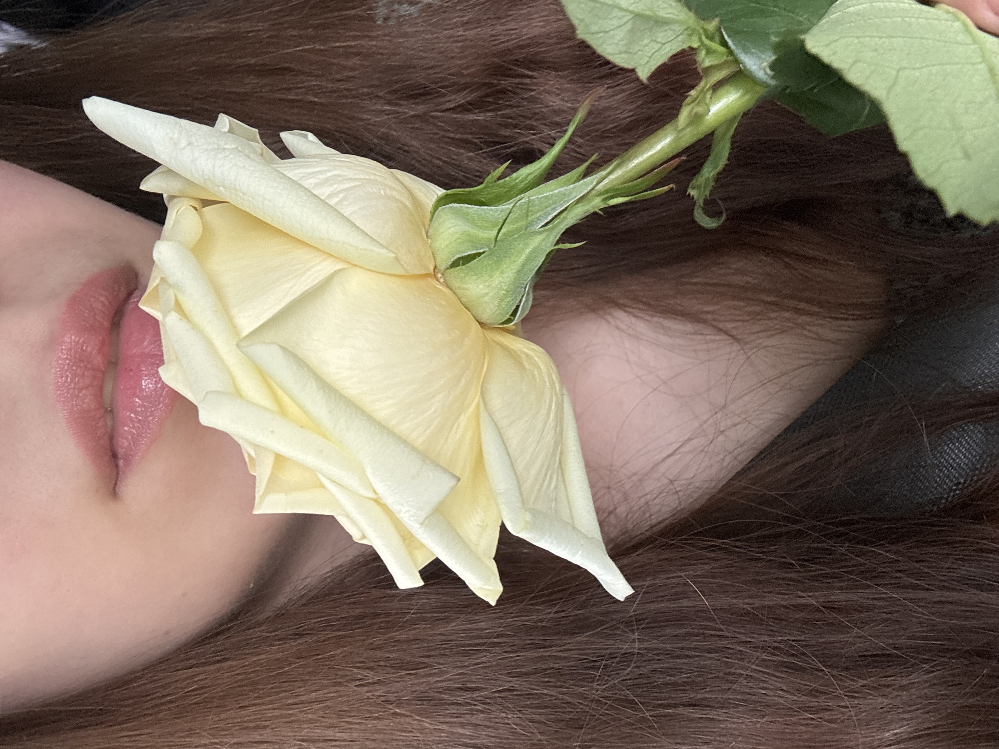 The image shows a close-up of a person holding a pale yellow rose near their lips. The person has long, dark brown hair and is wearing lipstick. The background is out of focus, but appears to be indoors. The rose is in bloom and has several green leaves. The image is a medium shot, with the focus on the rose and the person's lips.