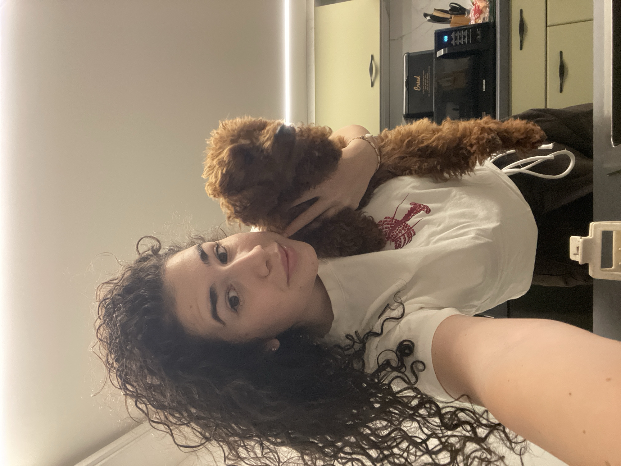 A young woman with long, dark, curly hair holds a small, fluffy, reddish-brown dog (possibly a poodle or similar breed puppy) in a warm indoor setting. The woman is wearing a white t-shirt, which appears to have a subtle red design on the left side of the chest. She looks towards the camera with a calm expression, while the dog is snuggled against her shoulder and neck, appearing content.
The background suggests a home kitchen or utility area. Light-colored cabinets with dark handles are visible. A black Samsung microwave oven sits on a counter, with a matching black "Bread" box next to it. Various items, including what looks like a pair of shoes, are placed on top of the microwave. A prominent vertical light strip illuminates the wall behind the woman, contributing to the overall artificial lighting, which suggests it might be evening or night. A white cable or cord is also visible on a dark surface to the right of the woman. The atmosphere is intimate and affectionate, highlighting the bond between the woman and her pet. The location is an indoor home setting in Sofia, Bulgaria.