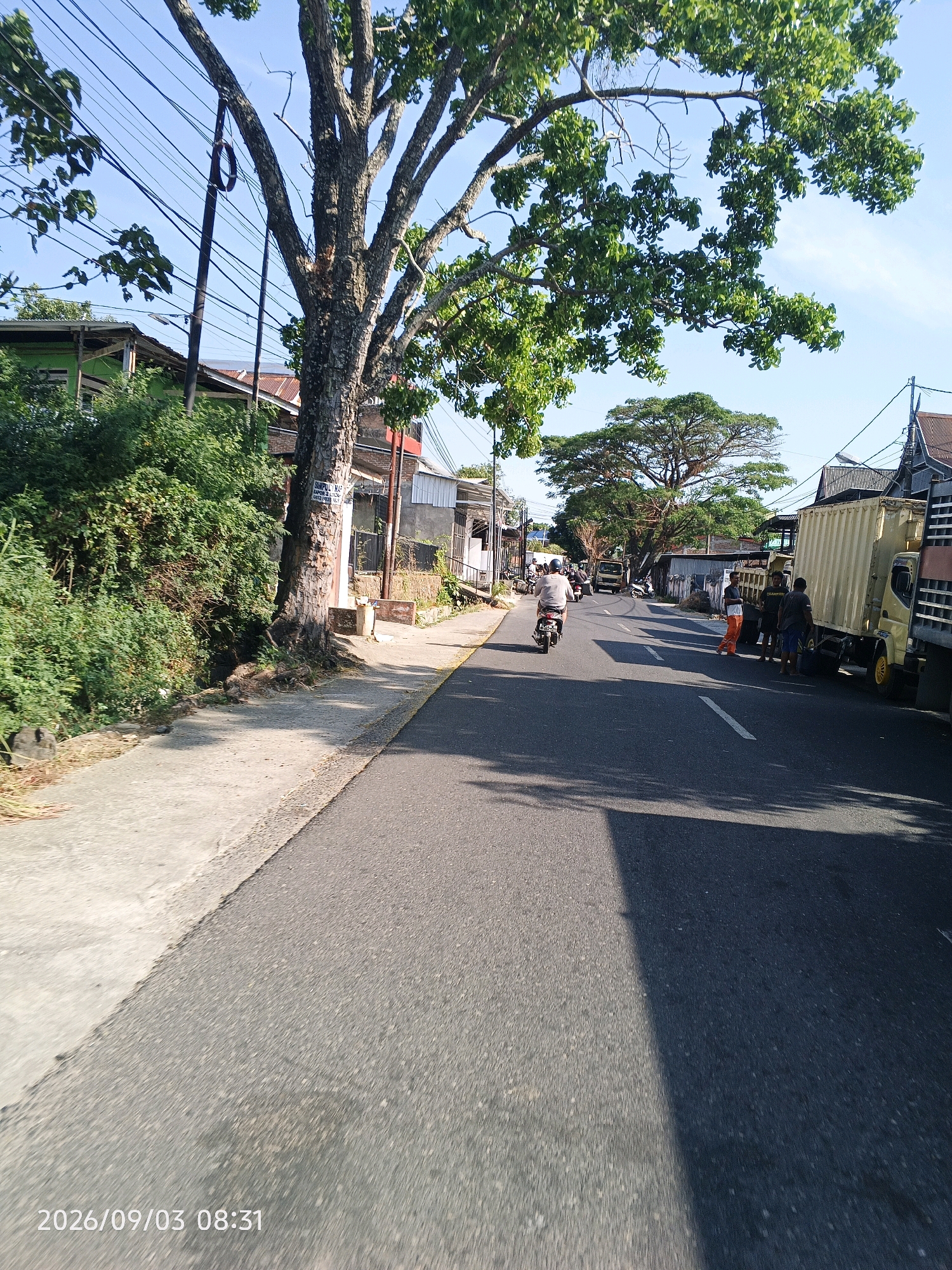 The image depicts a street scene in Pare-Pare, Indonesia, on September 3, 2026, at 08:31. The perspective is from a moving vehicle on the right side of the road. A paved road runs horizontally across the frame, with a concrete sidewalk on the left. Lush green trees and bushes line the sidewalk. Several buildings, some with corrugated metal roofs, are visible on either side of the street. A large tree with a thick trunk stands prominently on the left side of the road, its branches casting shadows.
In the foreground, a motorcycle with a rider is moving away from the camera on the road. Further down the street, a yellow truck is parked on the right side, and several individuals, appearing to be men, are standing near it. One person is wearing orange pants, while others are in casual clothing. A second, larger truck is visible behind the yellow one. The sky is clear and blue, indicating a sunny day. The overall impression is a typical urban or semi-urban street in Indonesia during the morning.
