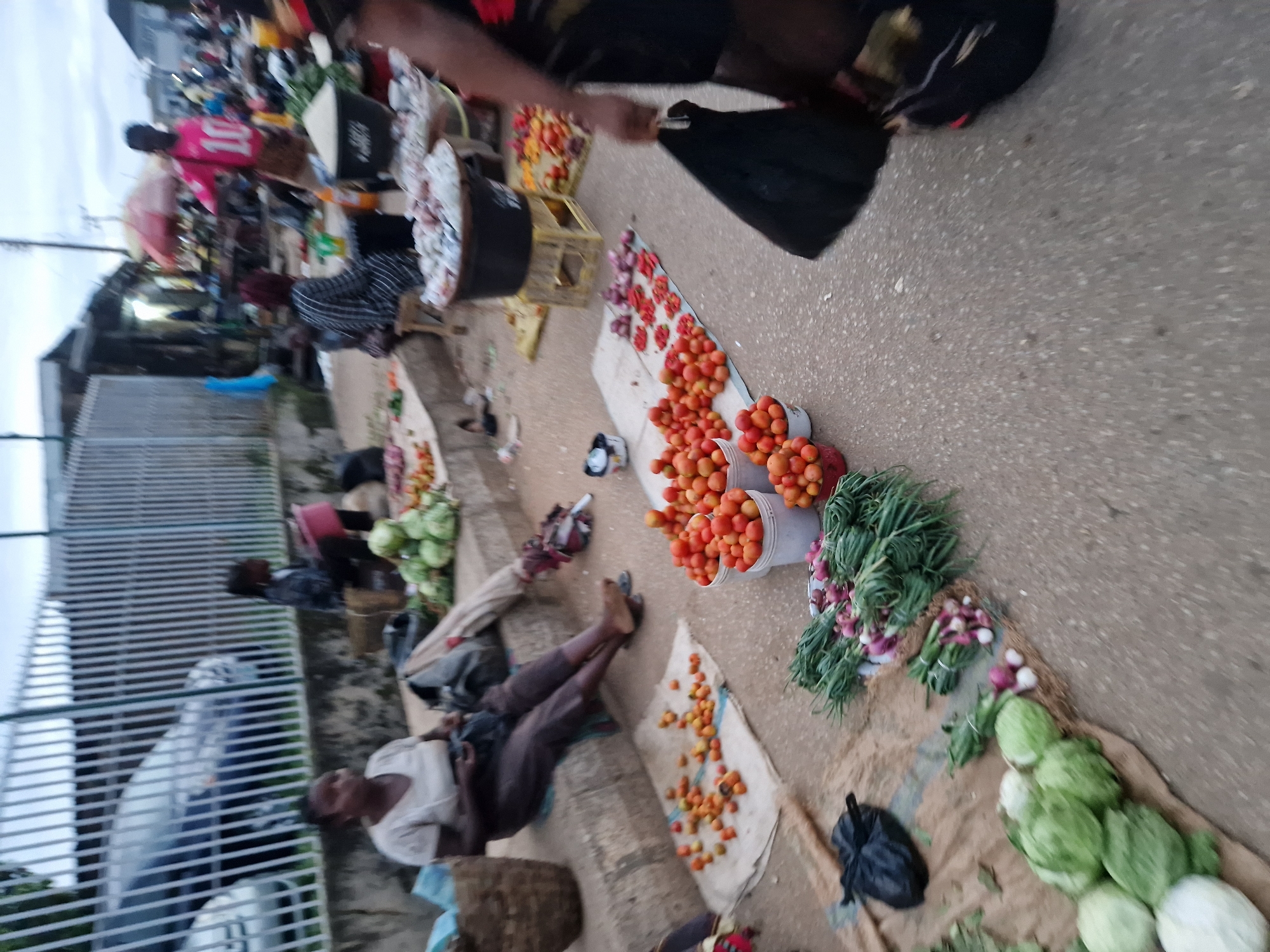 The image depicts an outdoor market scene, likely in Kabong, Nigeria, characterized by stalls selling fresh produce. In the foreground, a variety of vegetables are displayed on a brown cloth, including several heads of lettuce and bundles of scallions with red onions. To the right, a person's arm and torso are visible, holding a large black bag. Further back, numerous red tomatoes are arranged in buckets and on cloths. A woman is seated on a raised concrete step on the left, appearing to be engaged with her phone. Behind her, other market-goers and stalls are visible, with a white metal fence lining the street. Vehicles are parked in the background. The overall impression is one of a bustling marketplace, typical of urban areas in Nigeria.