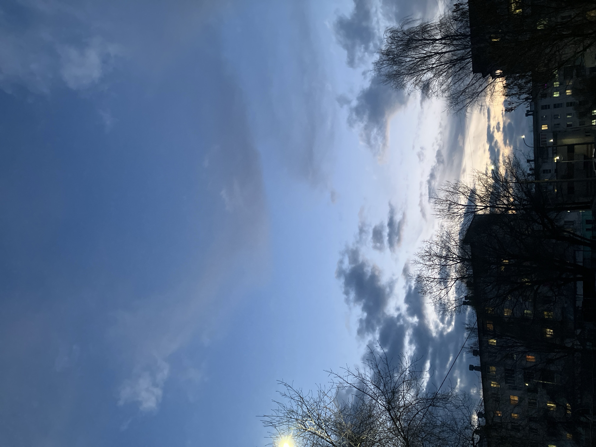 The image presents an upward view towards the sky, with portions of buildings visible on the right side. The sky is predominantly blue, displaying variations in color and cloud cover. Some clouds are light and fluffy, while others are darker and more layered. Bare tree branches are silhouetted against the sky, particularly in the right and lower parts of the image. The buildings on the right appear to be multi-story residential structures, with some windows illuminated, suggesting it is dusk or night. A street lamp is visible at the bottom of the image.
While it's impossible to ascertain the exact location within the city of Chaikovsky, Russia, based on visual information alone, the presence of multi-story residential buildings and street lighting suggests a residential or urban area.