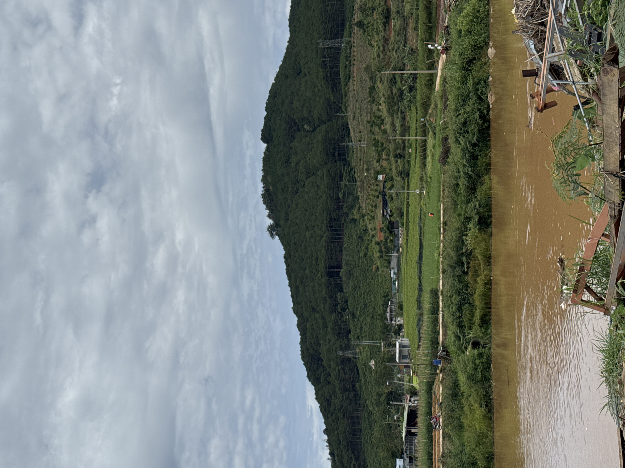The scene depicts a landscape in Phú Thạnh, Vietnam, featuring a river with murky brown water on the right side of the image. The riverbank is overgrown with green vegetation. Adjacent to the river and extending into the image is a stretch of land with buildings, fields, and vegetation. A mountain densely covered with green trees is positioned to the left of the land. Utility poles are visible on the mountain side. The sky is filled with white and grey clouds. Debris and objects are near the water on the right side of the image.