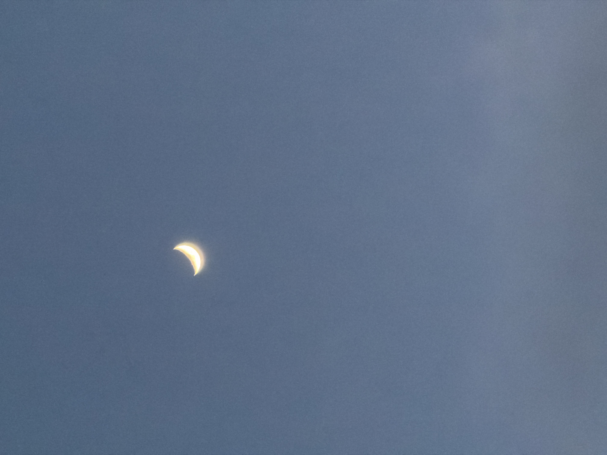 A crescent moon is visible in a clear, pale blue sky. The moon is in the upper left quadrant of the image and is brightly illuminated on its right side, with a delicate curve of light. The sky is a uniform, soft blue, suggesting it is either early morning or late evening. There are no other celestial bodies or terrestrial objects visible in the frame. The image is a still photograph with a subtle grain texture. The location in the city of Ko Samui District, Thailand, is unknown.