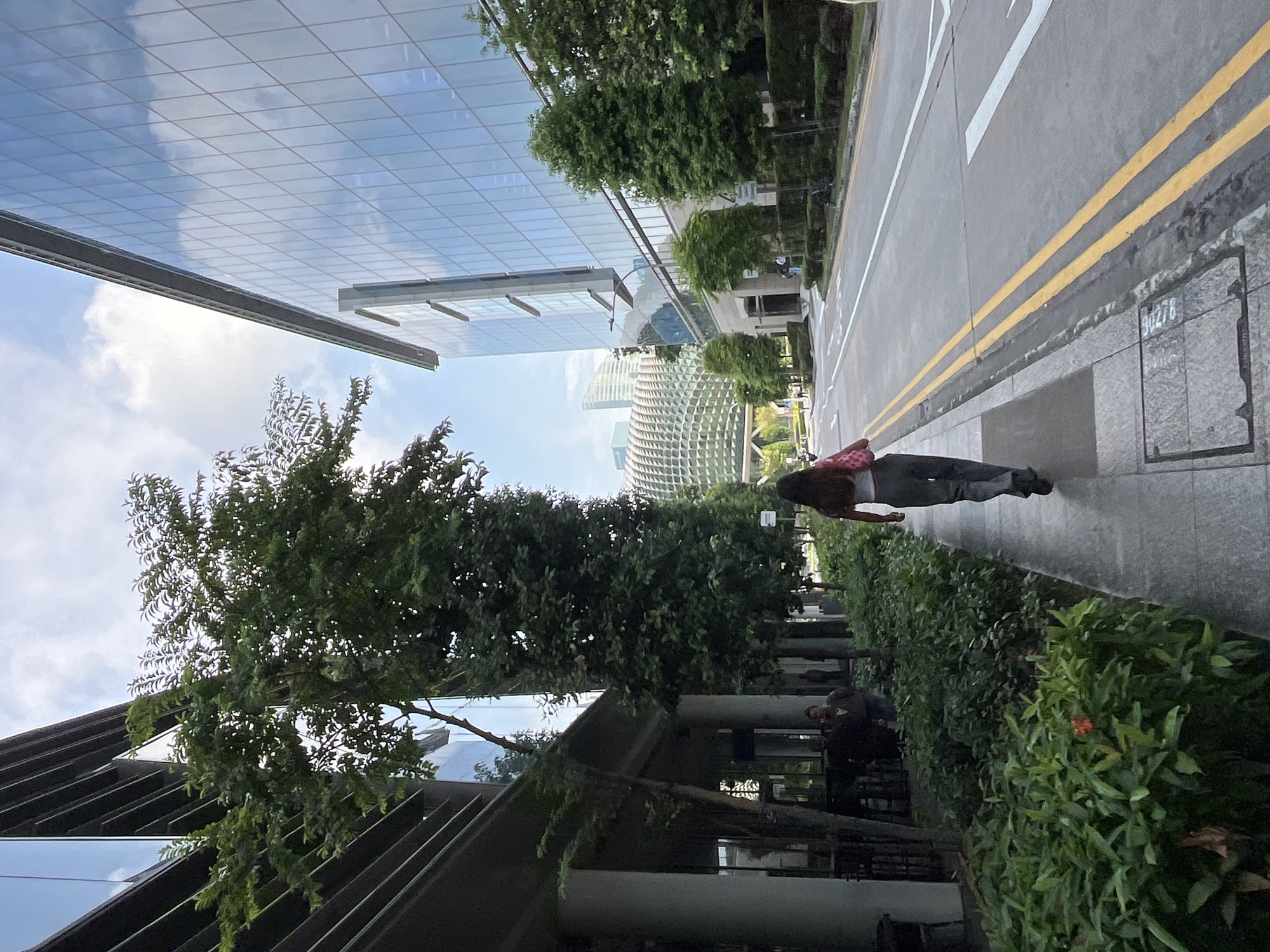 The image depicts a street scene in Singapore, with a prominent modern building on the right and another building with a dark facade on the left. A woman is walking away from the camera down the sidewalk on the left side of the street. She has long, dark hair and is wearing a pink top and gray pants. In the background, across the street, a distinctive domed building with a textured facade, likely the Marina Bay Sands, is visible. The street has yellow double lines indicating traffic lanes, and there are trees and greenery lining the sidewalk and the sides of the road. The sky is partly cloudy.