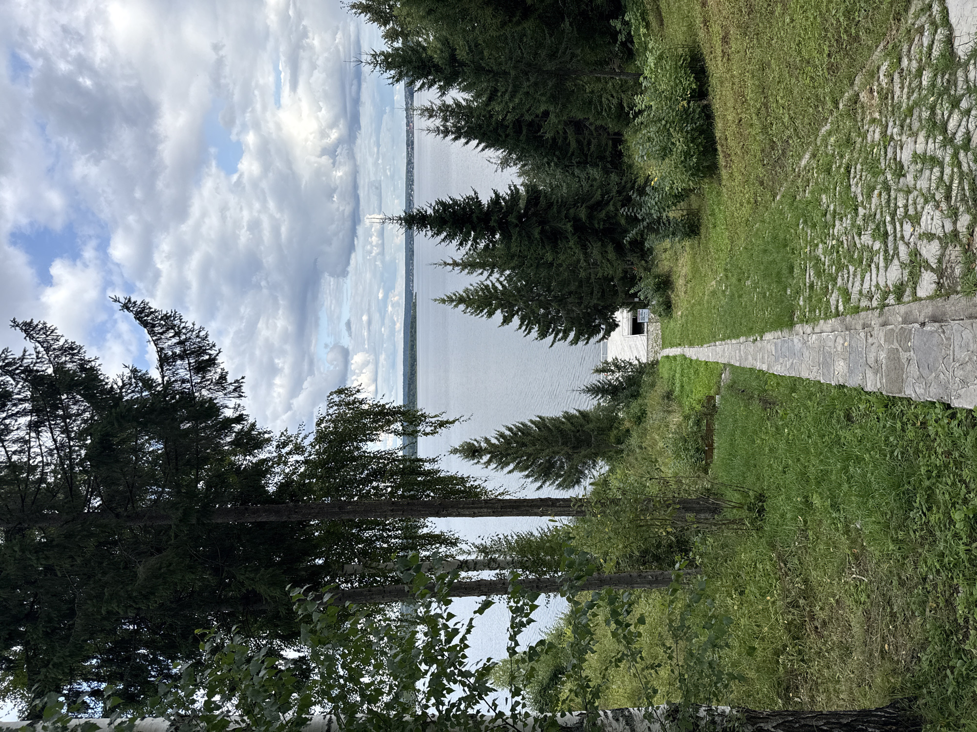 The image depicts a stone pathway leading down a grassy slope towards a wide, calm body of water. Tall evergreen trees and deciduous trees frame the pathway and the slope. In the distance, the water extends to a horizon lined with a faint outline of land and buildings, under a sky filled with dramatic, overcast clouds. The pathway itself is made of irregular flagstones with grass growing between them, and a darker stone edging. The grass on the slope is lush and green in some areas, with patches of drier, more yellowed vegetation. The overall scene conveys a sense of natural beauty and tranquility, possibly a park or a scenic overlook in Kanabekovo, Russia, given the context provided. There are no people or animals visible in the image.