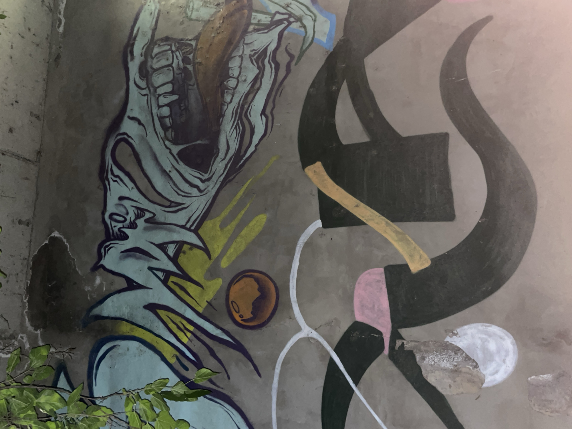 This media file depicts a section of a graffiti mural on a concrete wall. The mural features abstract and grotesque figures. On the left, a pale blue, skeletal face with an open mouth and sharp teeth is prominent, with yellow and purple accents. To the right of this figure, a large, dark, curved shape resembling a horn or a stylized limb dominates the scene, with a yellow rectangular element and a pink rectangular element intersecting it. A white, thin, winding line extends from this area. A small, orange, circular object with two white dots is visible in the middle of the mural. In the foreground, green leaves from a plant partially obscure the bottom left of the image. The overall mood is dark and unsettling, with the graffiti suggesting an urban or dilapidated setting. There is no visible text. The concrete wall appears weathered and cracked in places, adding to a sense of decay. The lighting suggests it might be daytime, but the tone of the graffiti and the setting evoke a feeling of unease. The location context provided is Tbilisi, Georgia.
