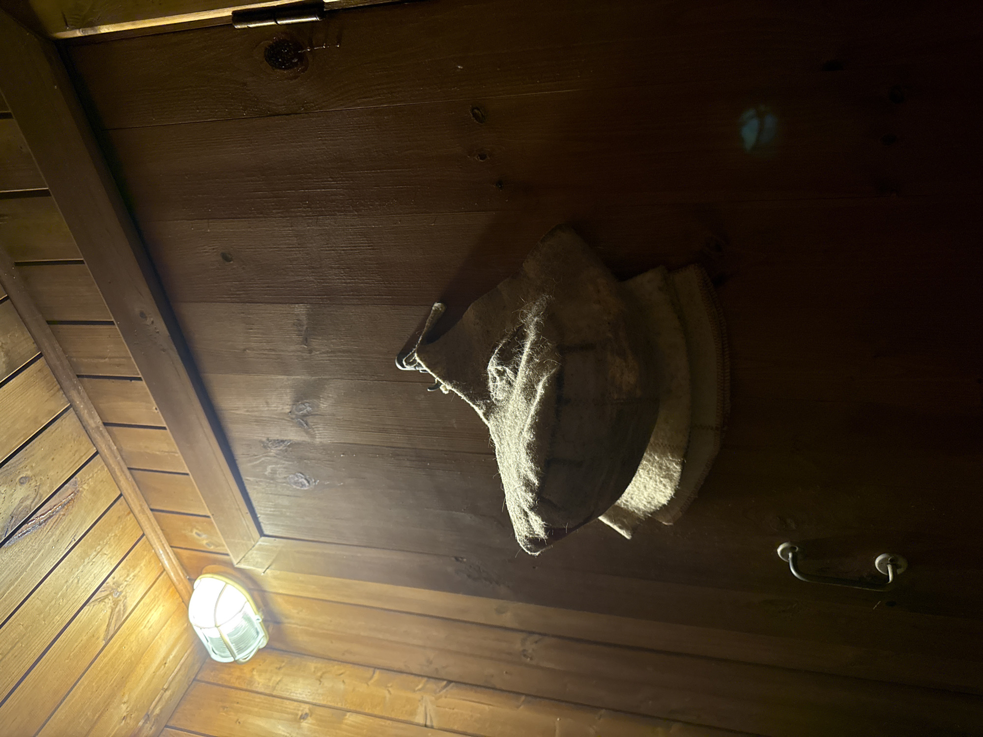 The image depicts the interior of a wooden structure, likely a sauna, in Высокая Гора, Russia. The walls and ceiling are constructed of horizontal wooden planks. A hooded sauna hat hangs on the wall. A caged light fixture is visible in the lower-left corner, and a metal handle is on the right side of the wall. The overall lighting is dim.