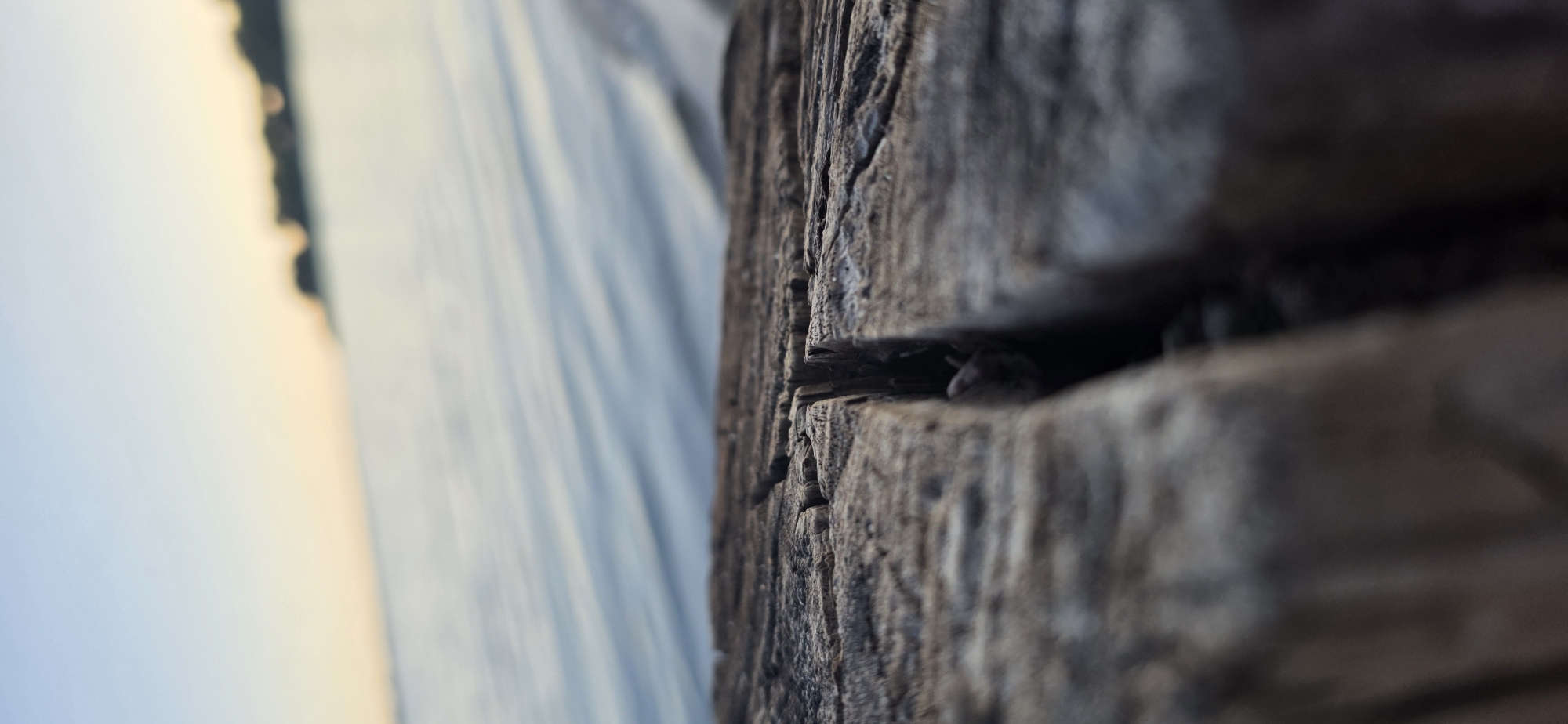 The image depicts a close-up of a weathered, cracked wooden surface in the foreground. The wood shows deep fissures and a rough texture. In the background, a body of water, likely Lake Issyk-Kul, is visible with gentle ripples. The water appears calm, reflecting the soft hues of the sky, which transitions from a pale blue at the top to a warm yellow and orange near the horizon. Silhouetted against the horizon is a distant landmass with trees or buildings, appearing as dark, indistinct shapes. The lighting suggests either early morning or late evening. No people or specific landmarks are identifiable to pinpoint a precise location within Issyk-Kul, Kyrgyzstan, beyond the general context of the lake and its surroundings.