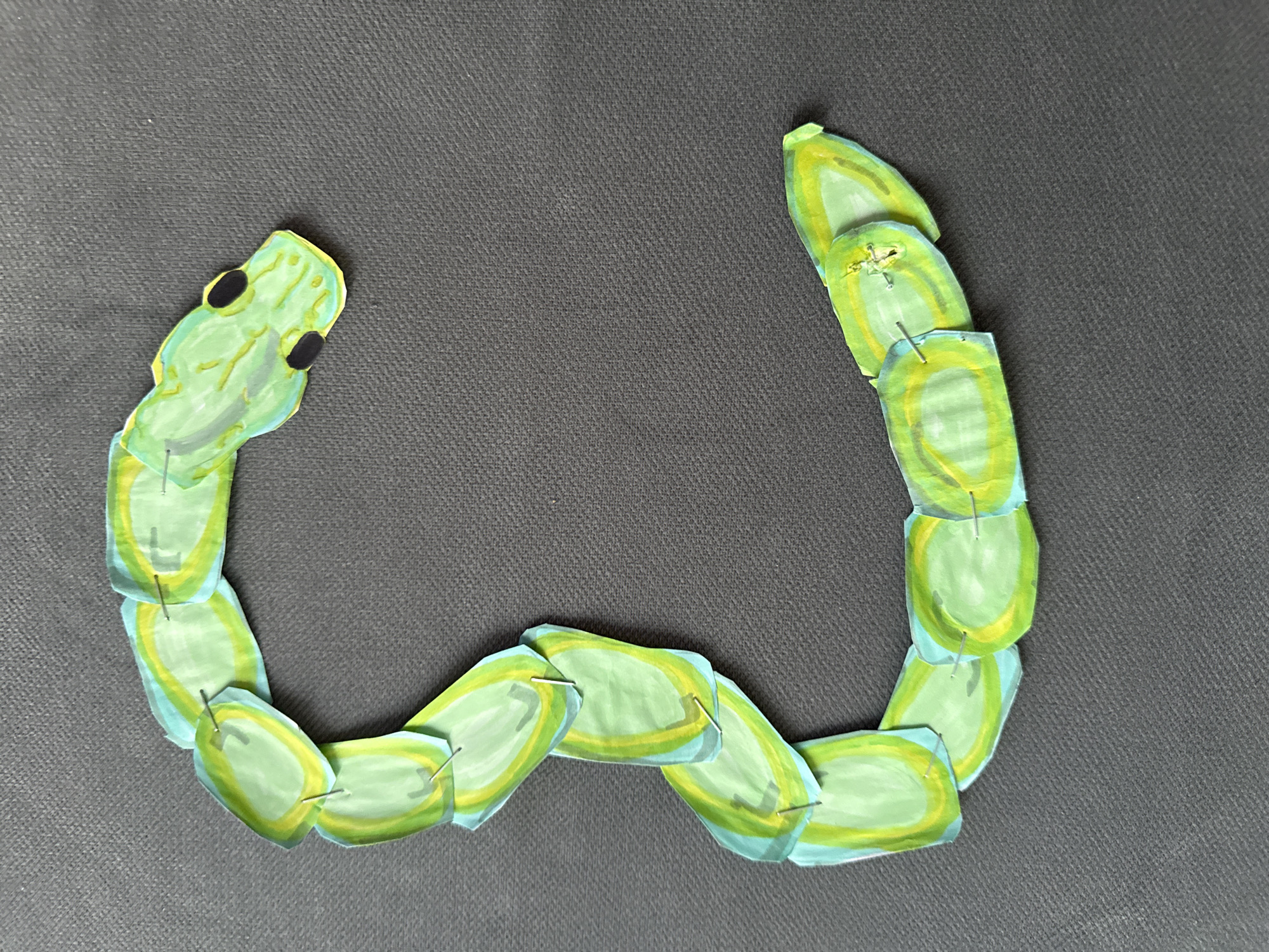 A craft snake made of segmented paper pieces lies on a dark, textured surface, likely fabric. The snake is arranged in an open, curved shape, resembling a "U" or a wide arch. Its head, positioned on the left, is light green with two black oval eyes.
The body of the snake is composed of multiple individual segments, each an elongated oval shape. These segments are primarily light green, outlined or highlighted with a brighter yellow, and some have a subtle light blue or turquoise border. Small metal staples connect each segment, allowing for flexibility and articulation, which is evident in the snake's wavy form. The staples are visible, suggesting a handmade or DIY nature.
The dark background appears to be a consistent color, possibly dark gray or black, with a subtle woven texture. The lighting is even, casting no prominent shadows and highlighting the colors and construction of the craft item. There are no people, discernible activities, or visible text in the image.