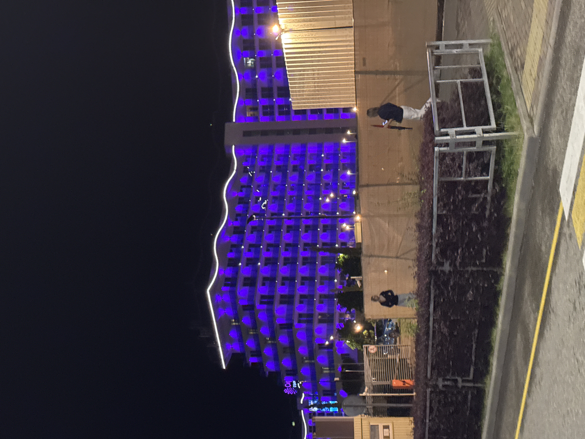 The image captures a nighttime scene, likely in Sirius, Russia, given the Cyrillic text on a sign at the bottom of the frame. The dominant feature is a tall, multi-story building illuminated with blue lights, creating a grid-like pattern on its facade. A white, wavy line of light accentuates the building's edge.
To the right of the building, a temporary structure or barrier made of corrugated metal is visible. In front of it, a walkway or sidewalk is lined with low-lying plants or bushes. Two people are present, though their details are indistinct due to the distance and lighting. One person appears to be bending over, possibly interacting with an object or the ground. Another is standing nearby.
The foreground includes a concrete curb, a patch of grass, and a portion of a street with a yellow line marking the edge. The sky is dark and featureless, indicating a clear night. Overall, the scene depicts an urban environment at night, with a focus on the illuminated architecture.