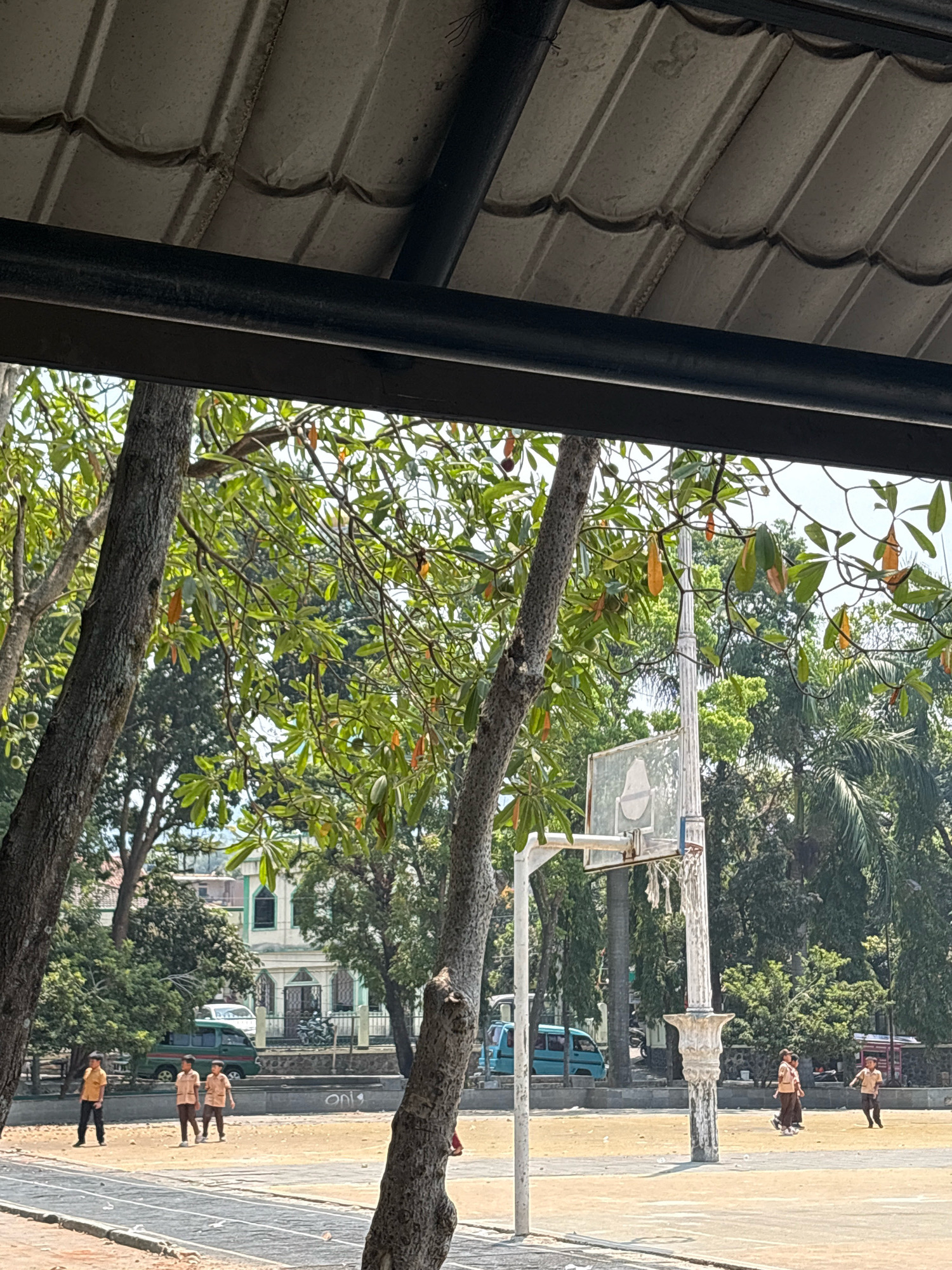 This image depicts an outdoor scene, possibly a schoolyard or park, in Pamekasan, Indonesia. In the foreground, a weathered concrete tile roof and a dark metal beam suggest a covered area. Beyond this, lush green trees with some orange-tinted leaves dominate the mid-ground, with their branches partially obscuring a basketball hoop and its pole. The basketball backboard appears to be made of clear plexiglass and shows signs of wear.
Further in the background, several children, appearing to be school-aged, are scattered across a sandy court. They are wearing uniforms that consist of tan shirts and dark pants. To the left of the court, a green van is parked, and behind it, a light-colored building with distinctive green trim and architectural details suggests a residential or institutional structure. Another building, partially visible on the right side, is red. A motorcycle is parked in front of the building with green trim. The overall environment appears to be sunny and bright. The presence of the children in uniform and the school-like setting strongly implies the location is within Pamekasan, Indonesia.