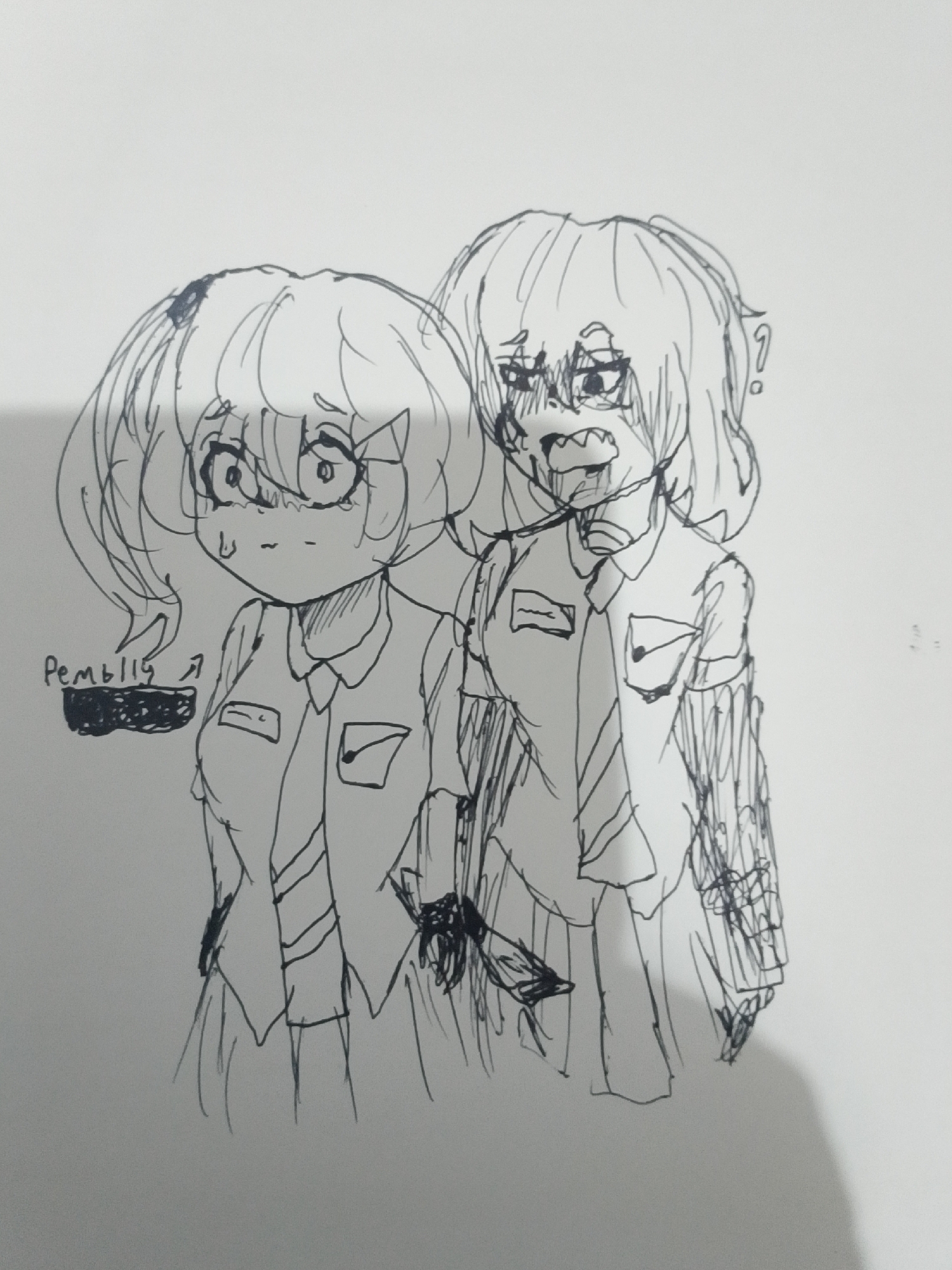 This is a black and white sketch of two anime-style characters. The character on the left has large, round eyes, a small mouth, and wavy hair with a dark spot on top. They are wearing a collared shirt with a tie and a vest. To the left of this character, there is text that appears to read "ремлы" with a black rectangle below it.
The character on the right has their mouth open, revealing sharp teeth and a distressed expression. Their eyes are wide, and there are lines suggesting tears or blood. They are also wearing a collared shirt, tie, and vest, but their clothing appears more disheveled, with lines indicating tattered sleeves on their right arm. A question mark is drawn above their head. The bottom portion of the image shows the lower bodies of both characters, with the character on the right appearing to have a dark, hand-like object near their leg.
The background is plain white, and there is a faint shadow on the right side of the image. The provided image does not contain any elements or information that would suggest a location in the city of Se'pon, Indonesia.