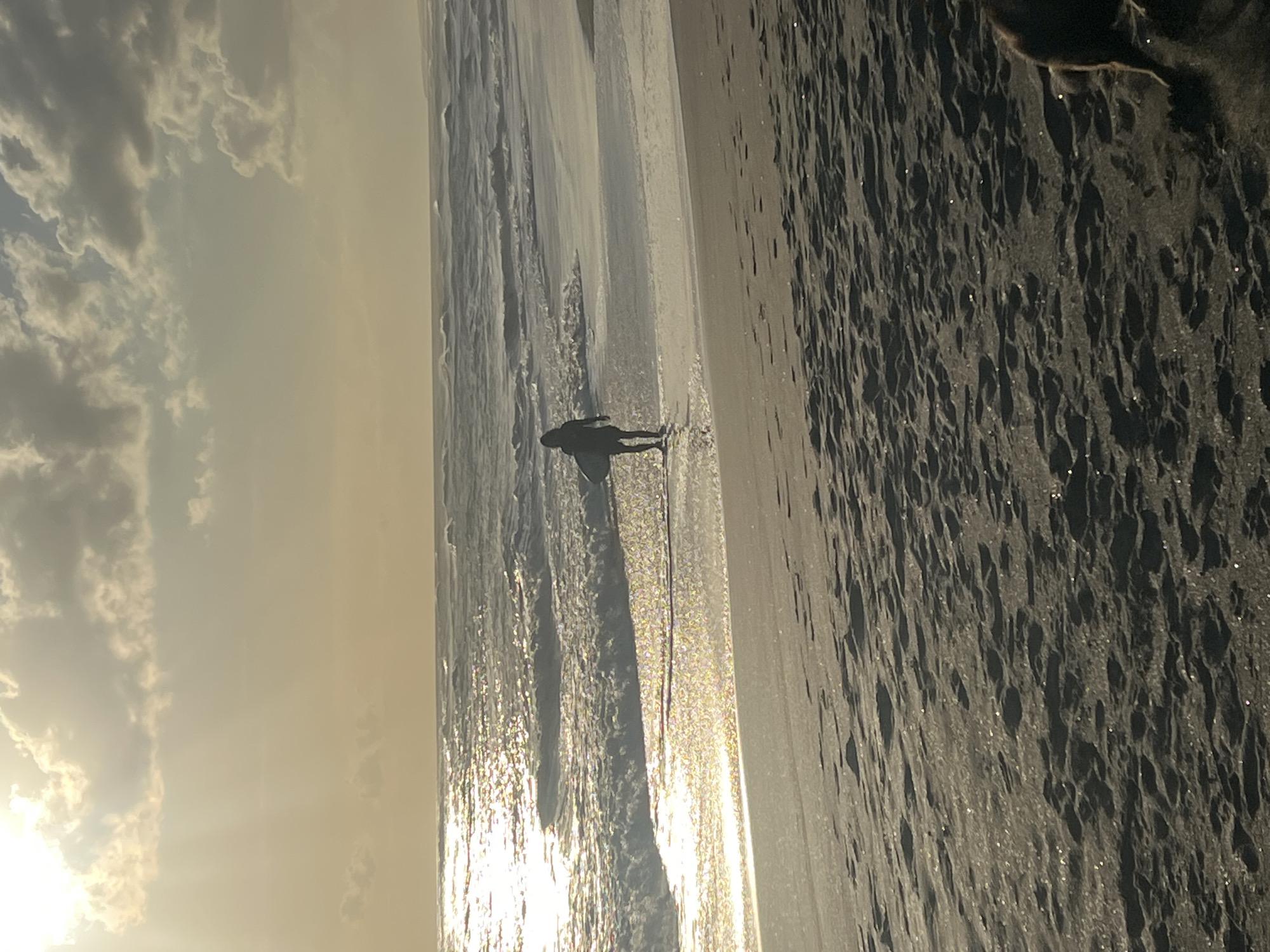 A lone surfer, silhouetted against a golden sunset, walks towards the ocean on a sandy beach. The sun casts a warm glow over the scene, illuminating the gentle waves as they meet the shore. In the foreground, the dark sand is textured with footprints, and a dog's hindquarters are visible on the right side of the frame. The location is the beach in Kediri, Indonesia.