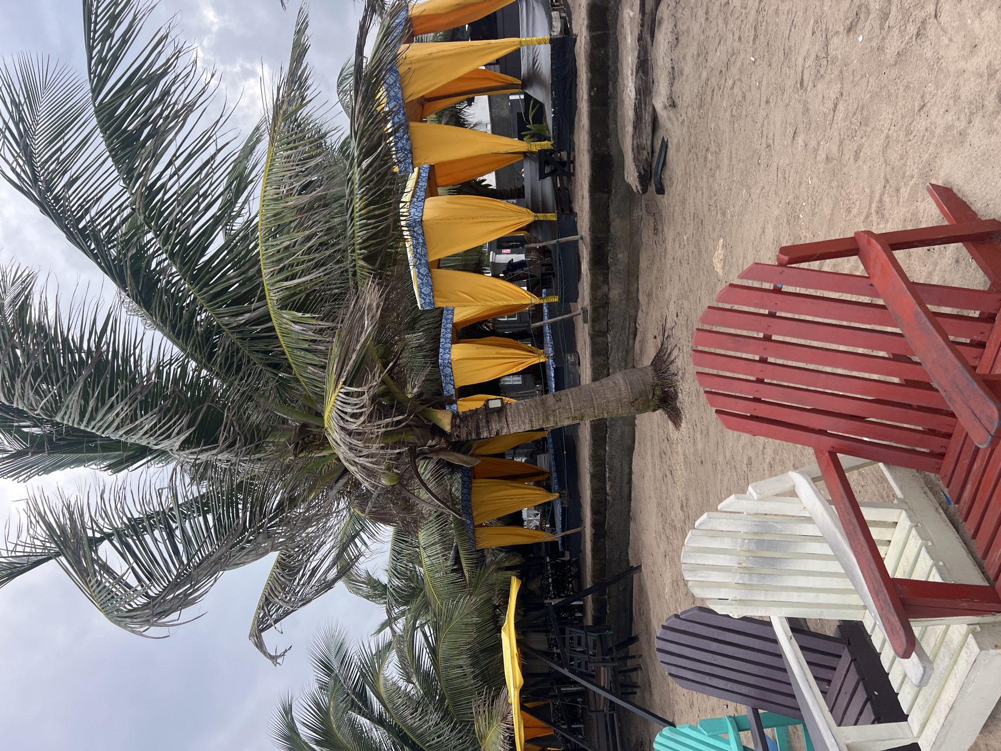The image depicts an outdoor scene on a sandy beach, likely in Mopo Onijebu, Nigeria. Several Adirondack chairs, painted in red, white, dark purple, and teal, are arranged on the sand, suggesting a place for relaxation. In the background, a row of yellow canopy tents with blue trim is set up, possibly for shade at a beachside establishment or event. Palm trees with fronds are prominently featured, casting shadows and contributing to the tropical atmosphere. The sky appears overcast and cloudy, indicating a possibly humid or stormy weather condition. The ground is sandy, with some debris scattered around, including what appears to be driftwood. There is no visible text in the image. The scene appears to be quiet and devoid of people, with a focus on the chairs and the beach setup. The overall impression is one of a beach resort or a casual outdoor gathering spot.
