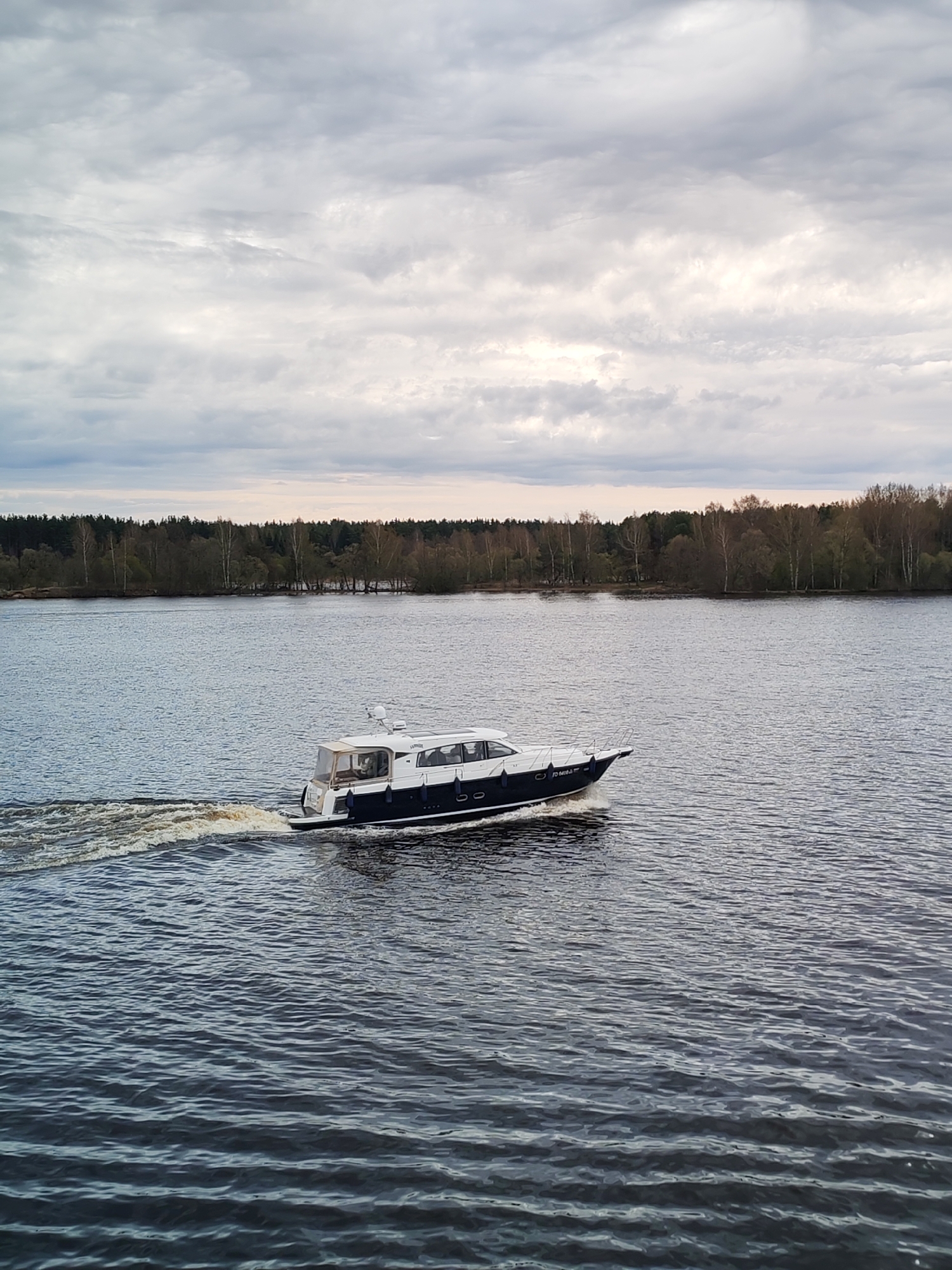 A medium-sized boat is moving on a large body of water. The boat is primarily white with a dark blue lower hull. It is producing a wake behind it, indicating forward motion. The body of water appears to be a river or a lake.
In the background, there is a line of trees along the shore, suggesting the presence of a forest or wooded area. The sky is overcast with a layer of clouds, giving a muted light to the scene. The image is taken from a slightly elevated perspective.
The location is not identifiable from this image.