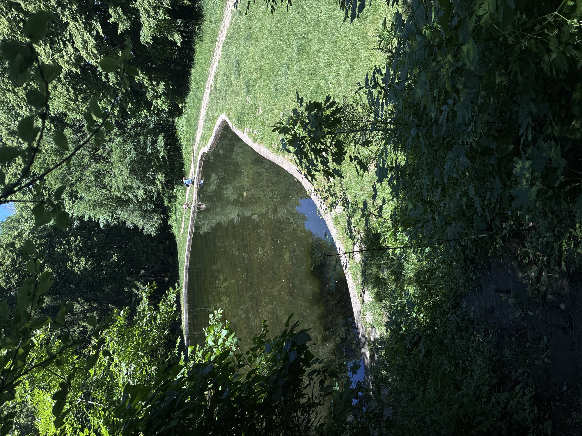 The image shows a small reservoir or pond in a park setting. It is flanked by trees and greenery on either side, creating a secluded atmosphere. A paved path runs alongside one edge of the water. There are two individuals near the water's edge, one of whom appears to be taking pictures. The water is reflecting the sky and surrounding trees. The location is likely in or near Sofia, Bulgaria, given the provided information.