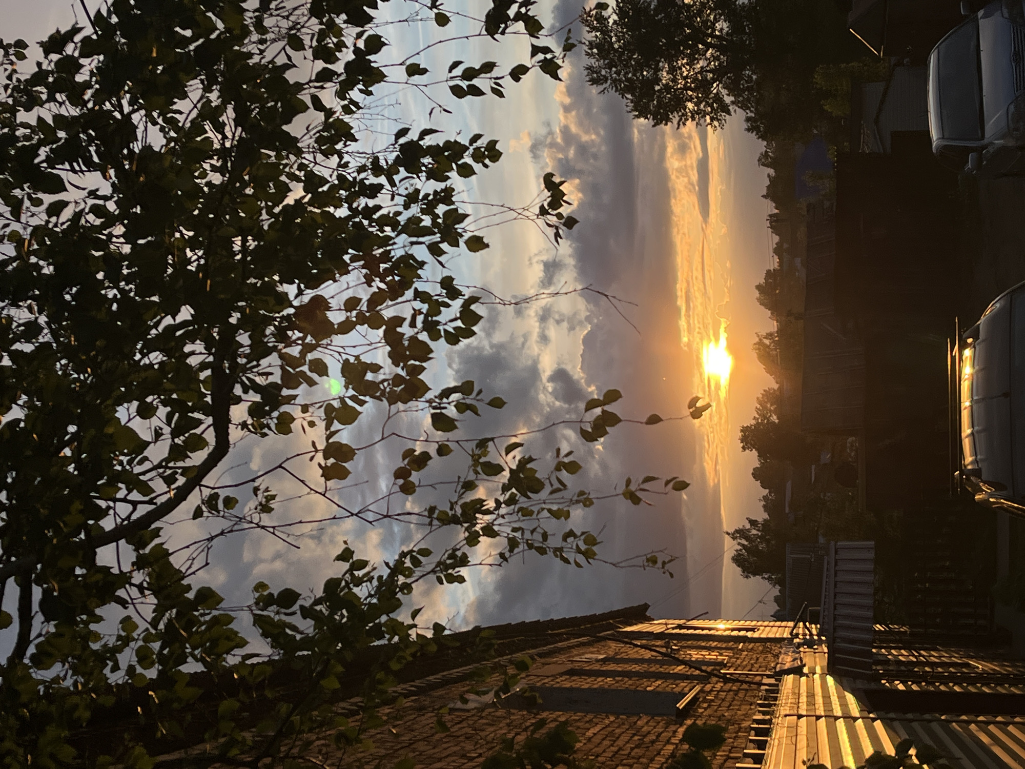 The image shows a sunset view in the city of Фоки, Russia, captured from a low vantage point. The sun is prominently visible, casting a warm glow across the sky and onto the surrounding landscape. Silhouetted trees and branches frame the top and left sides of the image, while rooftops are visible in the foreground. A couple of parked vehicles are also seen to the right. The scene is bathed in the golden light of the setting sun, creating a serene and picturesque moment.