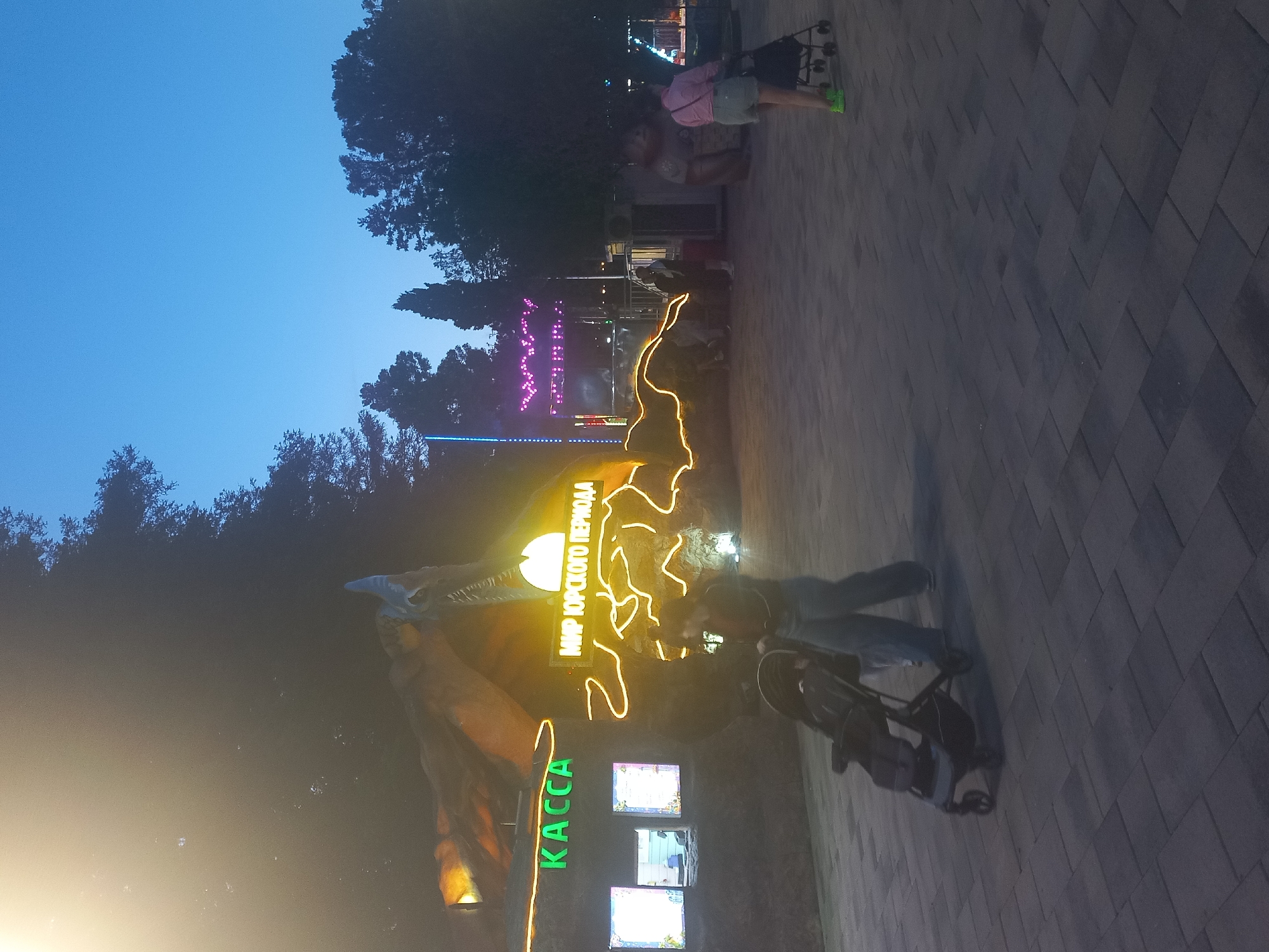This image captures an outdoor evening scene at a dinosaur-themed attraction in Sochi, Russia, characterized by the deep blue twilight sky and prominent artificial lighting. The central focus is a series of brightly illuminated dinosaur structures and signs, strongly suggesting a "Jurassic World" or "Jurassic Period World" park.
A large, glowing orange and yellow neon figure resembling a pterodactyl dominates the left side of the frame. To its right, another illuminated outline, also in orange and yellow neon, depicts a different dinosaur shape. Above the pterodactyl, a green neon sign clearly displays "КАССА" (KASSA), which translates to "Cash Desk" or "Ticket Office," with three glowing rectangular screens beneath it. Another yellow neon sign, oriented vertically, reads "МИР ЮРСКОГО ПЕРИОДА" (MIR YURSKOGO PERIODA), confirming the attraction's theme as "Jurassic World" or "Jurassic Period World."
Several people are present, enjoying the evening. In the center-right, a person in jeans and a dark top is actively holding a smartphone or camera, likely capturing the illuminated displays. Towards the upper right, an adult wearing a pink top, light shorts, and striking neon green shoes stands near a baby stroller, accompanied by another partially visible person. The ground is paved with dark, square tiles. In the background, dark silhouettes of trees line the horizon, and faint, colorful lights hint at other distant attractions or areas within the complex. The overall mood is relaxed and recreational, typical of an evening visit to an entertainment venue.