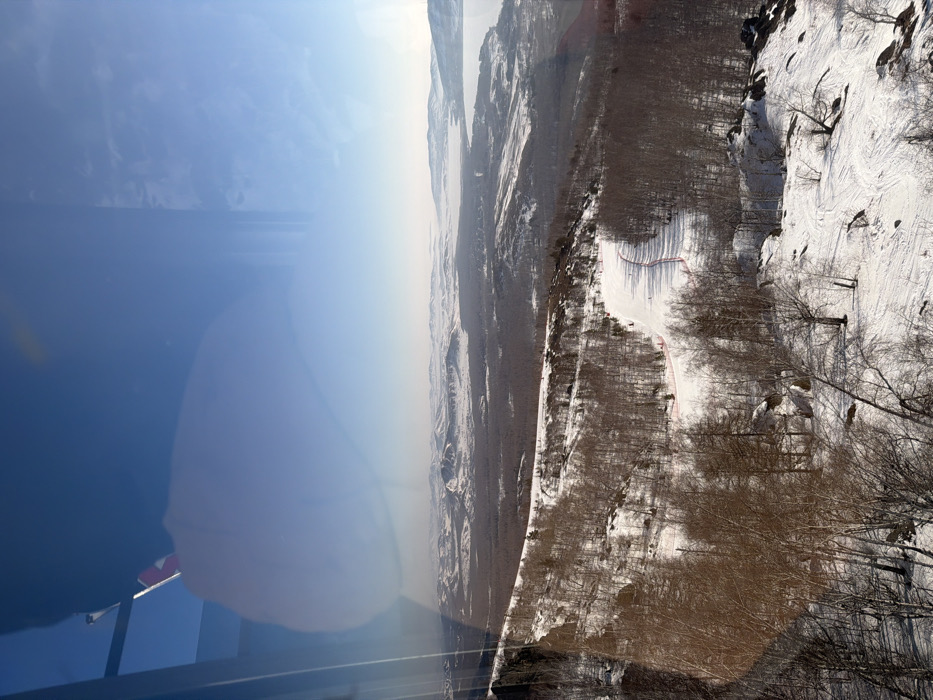 The image presents a panoramic winter landscape in Zelenaya Polyana, Russia, viewed from an elevated perspective, likely through a glass enclosure as indicated by reflections in the upper left quadrant. The foreground consists of a snow-covered slope sparsely populated with bare deciduous trees and exposed rock formations. In the midground, a delineated ski slope, marked on its right side by a red safety net or fencing, descends through a wooded area. Multiple small, indistinct figures, identified as skiers or snowboarders, are present on this slope. Beyond the immediate ski area, the background features an expansive vista of snow-covered rolling hills and distant mountainous terrain. To the right of the background, a large body of water, possibly a lake, is visible. The sky is largely clear and bright blue, transitioning to a lighter hue near the distant horizon, with some faint cloud formations on the right. Daylight illuminates the scene, casting subtle shadows from the trees and terrain.