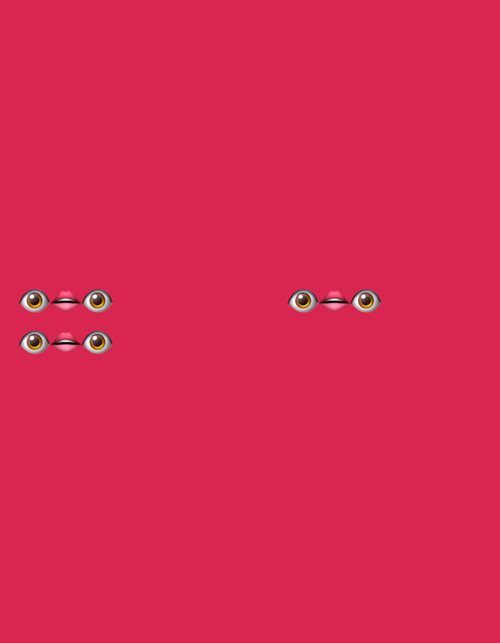 The image displays an abstract composition against a solid, vibrant magenta background. The primary subjects are several sets of emojis depicting eyes and lips. On the left side of the frame, arranged in two horizontal rows, are four pairs of eyes, each with a small pair of pink lips positioned between them. Each eye features a golden-brown iris, a dark pupil, and a white sclera, with subtle shading. On the right side of the frame, positioned higher than the left cluster and slightly to the right of the vertical center, is a single pair of eyes with a set of pink lips between them, matching the style of those on the left.
No explicit activity or event is taking place; the emojis are static. The arrangement suggests a minimalist design or digital art. There are no discernible location cues, weather indicators, or specific time of day depicted within the image itself. No text is visible. The external context provided indicates the location is Blagoevgrad, Bulgaria, although this is not visually represented.