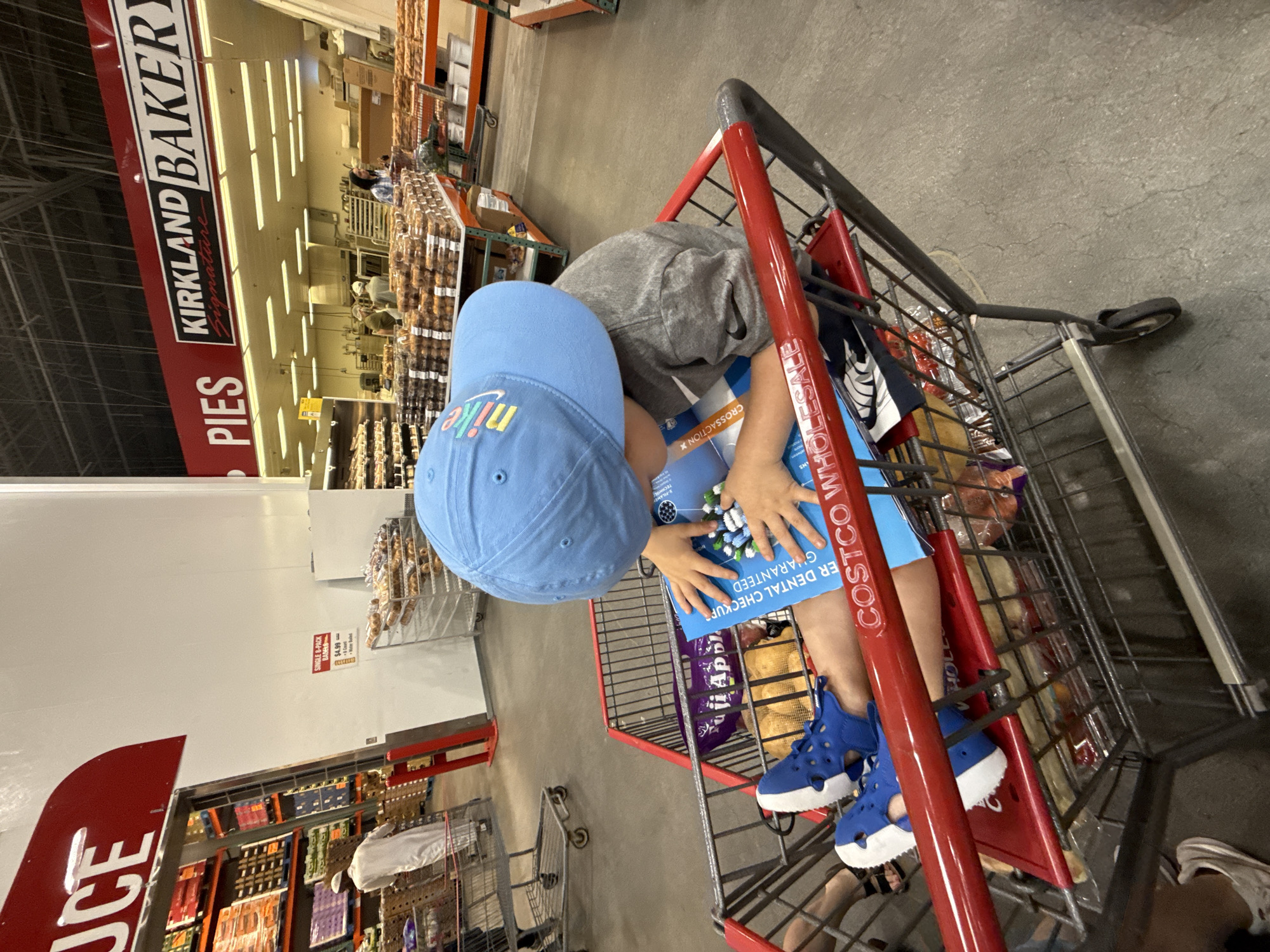 The image depicts a young child, wearing a blue baseball cap and blue Crocs, sitting in a shopping cart at a Costco store in the city of Yonkers, United States of America. The child is holding a blue book with text that includes "COSTCO WHOLESALE." The shopping cart contains produce and other items. In the background, shelves stocked with food items and bakery products are visible, along with other shoppers and store employees. The store appears to be well-lit and organized. The overall scene captures a typical shopping experience at a large warehouse club.