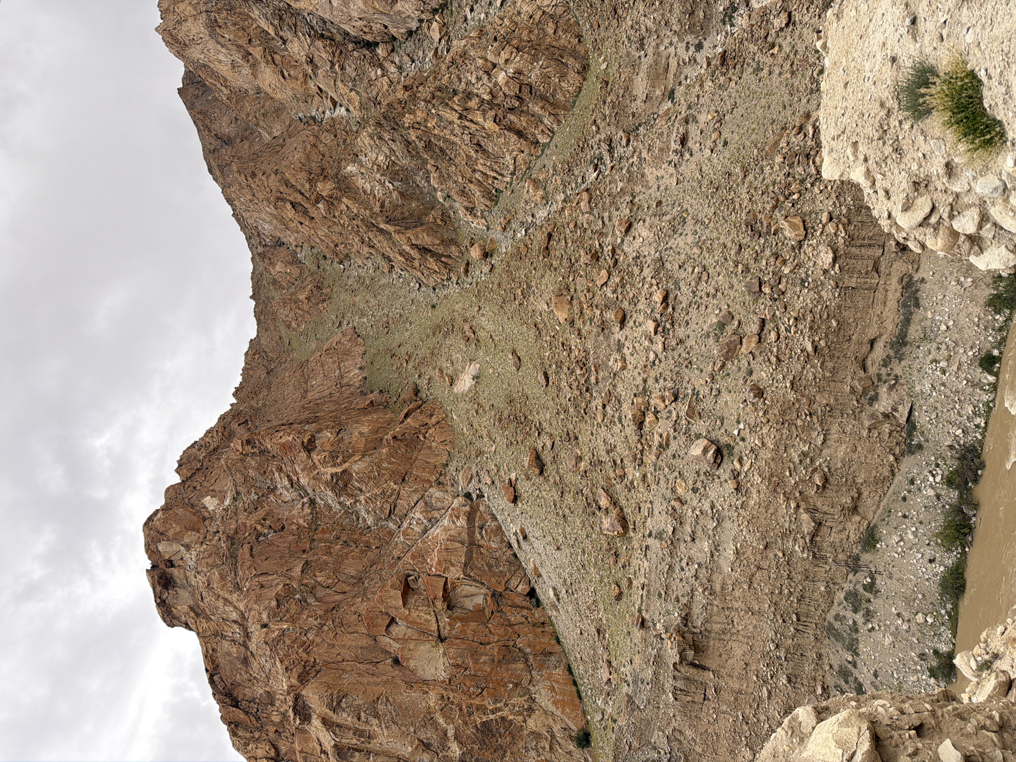 This image depicts a rugged, mountainous landscape under a cloudy sky. The dominant feature is a steep, rocky mountainside in shades of brown and orange, characterized by large boulders and jagged rock formations. Patches of sparse green vegetation cling to the slopes, particularly in the lower sections and in crevices. A muddy river flows through a canyon at the bottom of the image, its banks lined with smaller rocks and more vegetation. The terrain appears arid and remote. The scene is likely located in or around the city of Gayk, India, known for its mountainous geography and river valleys. There are no people or discernible human activity visible in the image.