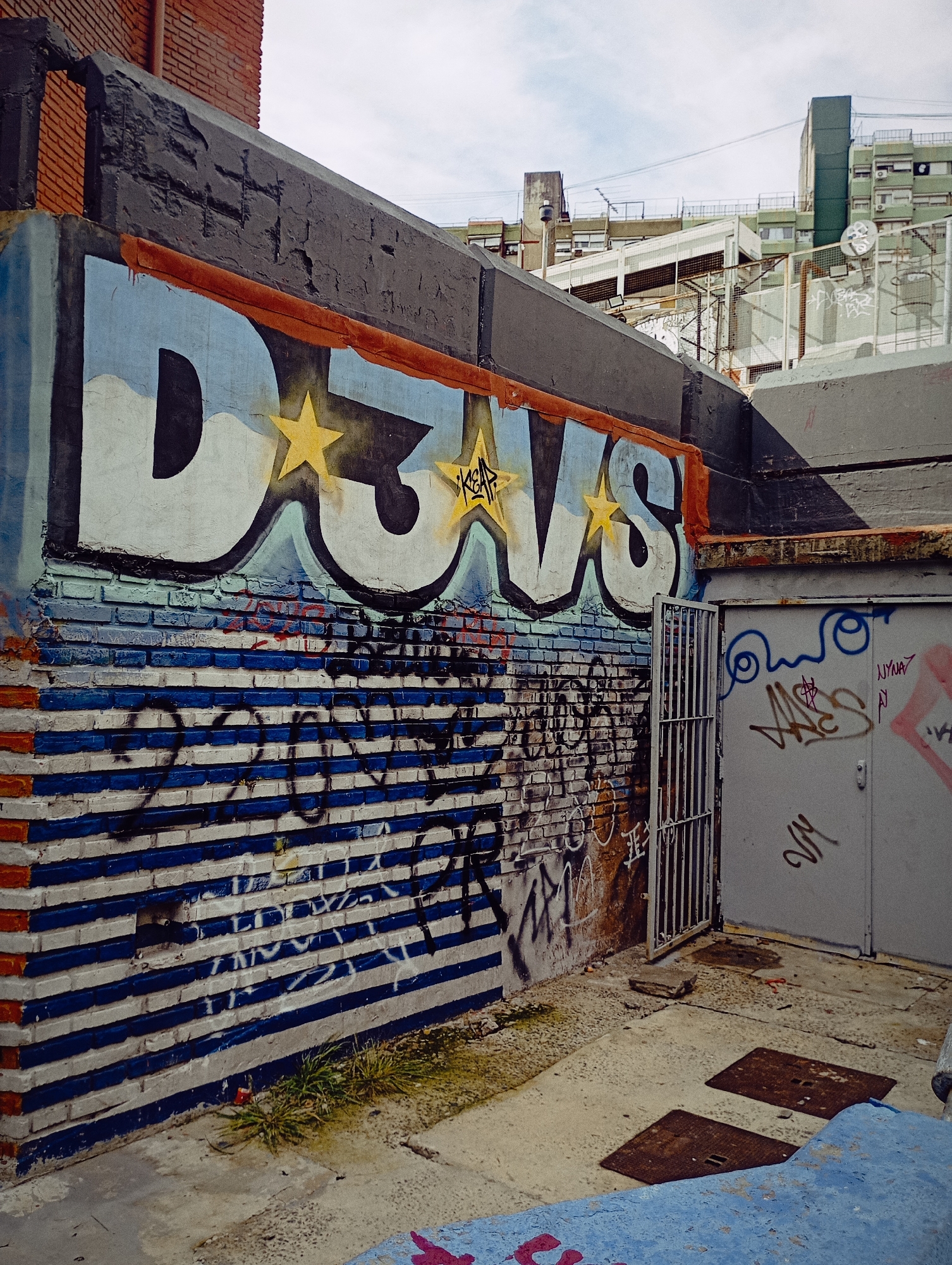 The image captures an alleyway in Buenos Aires, Argentina, with walls adorned with graffiti. The most prominent graffiti reads "DEVS" in large, stylized white letters, with yellow stars replacing the vowels. Below this, the brick wall is painted with horizontal stripes of blue and white. Further graffiti tags are present throughout. A gray metal door, also covered in graffiti, is partially open, revealing a glimpse of the interior. The alley floor is concrete with two rusty metal plates. Buildings are visible in the background, suggesting an urban setting. The lighting is subdued, indicating an overcast day.