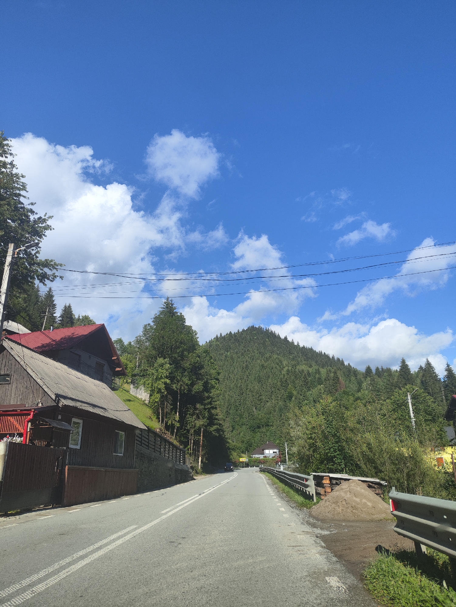 The image depicts a scenic view along a road in Borșa, Romania, on a clear day with a bright blue sky dotted with fluffy white clouds. The road, paved and marked with white double lines, curves to the right, leading the viewer's eye towards a forested mountain in the background.
On the left side of the road, a rustic wooden house with a red roof is visible, partially obscured by trees. The house appears to be nestled on a hillside. A wooden fence borders the property. Beyond the house, dense green trees climb the slope towards the mountain.
On the right side of the road, a metal guardrail runs along the edge. A pile of sand or dirt is stacked next to the guardrail, with some loose gravel and mud beneath it. Beyond this, more vegetation and houses can be seen, including a bright yellow building. The forested mountain dominates the background, its slopes covered in a thick carpet of dark green coniferous trees. The overall scene evokes a sense of rural tranquility and natural beauty.