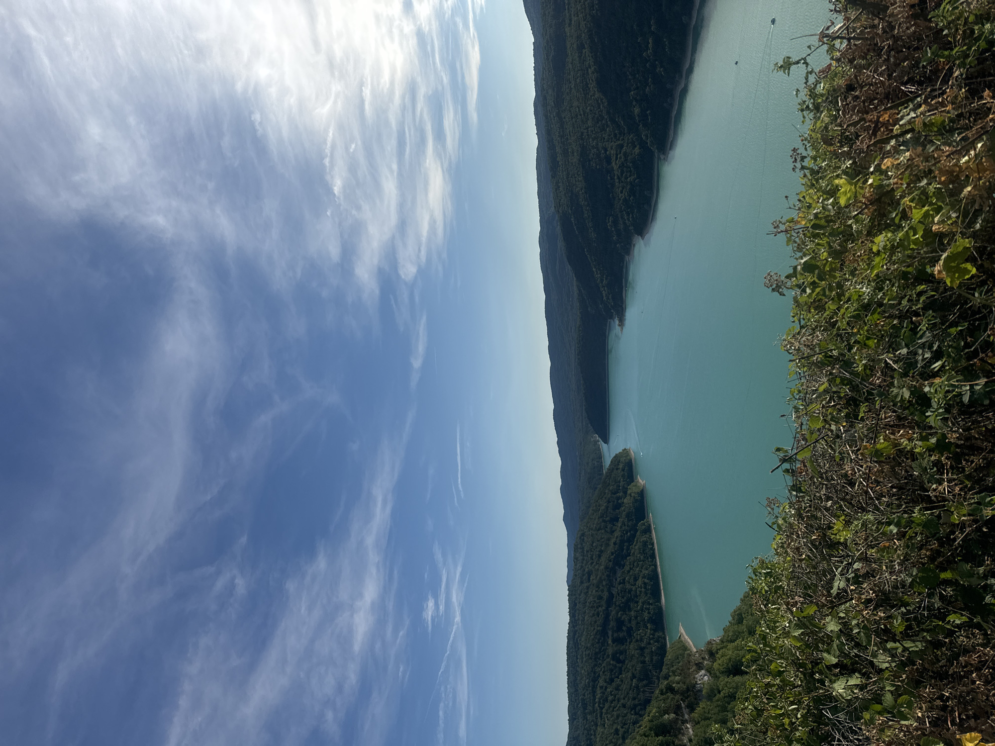 The image depicts a panoramic view of a turquoise lake surrounded by lush green forested hills. The sky is a clear blue with wispy white clouds, suggesting fair weather. In the foreground, the edge of a dense thicket of bushes and branches is visible. The lake appears calm, with a few small boats dotting its surface. The scene is one of natural beauty, with the vibrant colors of the water and vegetation creating a serene and picturesque landscape. The viewpoint suggests the photograph was taken from an elevated position, possibly a hillside or viewpoint overlooking the lake. The location is identified as Moirans-en-Montagne, France, known for its natural reserves and beautiful lakes.