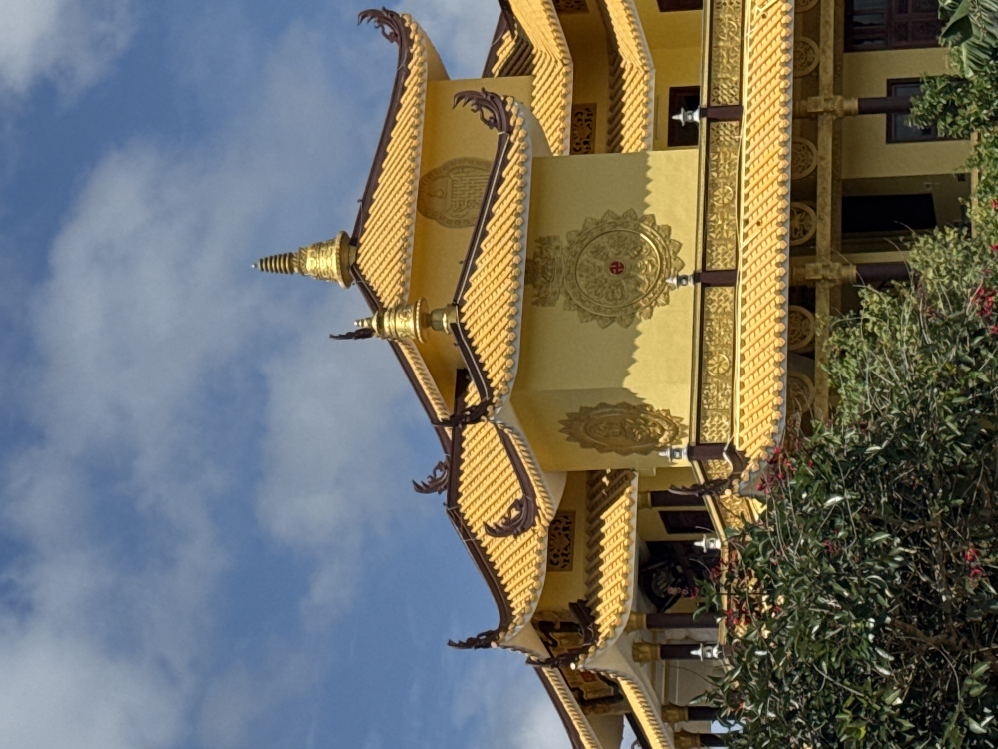 This image shows the exterior of the Thien Vuong Co Tu Buddhist temple in Da Lat, Vietnam. The temple features traditional East Asian architectural elements, characterized by its bright yellow, multi-tiered roofs adorned with ornate golden trim and dark brown, curved eaves. Several circular decorative motifs, likely religious symbols, are visible on the temple's walls, inlaid with gold. The building has a symmetrical design with several levels. In the foreground, lush green foliage, including a tree with red berries, partially obscures the lower portion of the temple. The sky above is a clear blue with scattered white clouds. The scene is captured from a low angle, emphasizing the grandeur of the temple.
