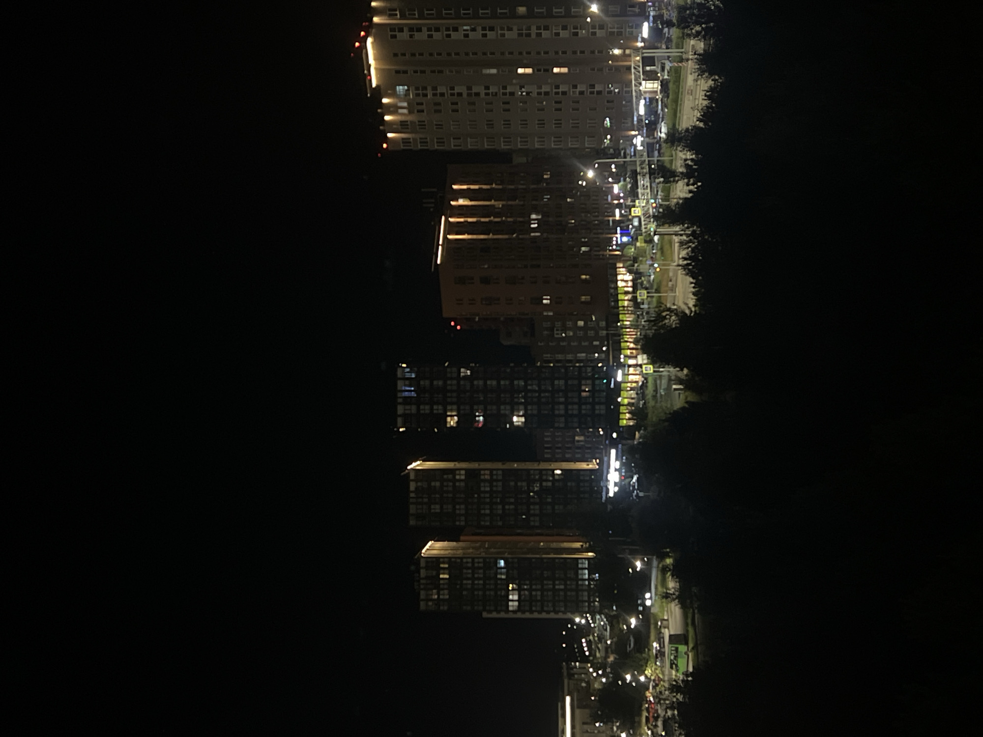 The image depicts a nighttime cityscape in Dudareva, Russia, featuring several modern high-rise buildings illuminated by artificial lights. The buildings are of varying heights and architectural styles, with many windows glowing from within. In the foreground, a dark silhouette of trees obscures the lower portion of the scene. The background is dominated by the dark night sky, with the bright lights of the city providing the primary illumination. Streetlights and illuminated signs are visible at ground level, suggesting a populated urban area with ongoing activity. The overall impression is one of a contemporary city at night, characterized by its bright lights and towering structures.