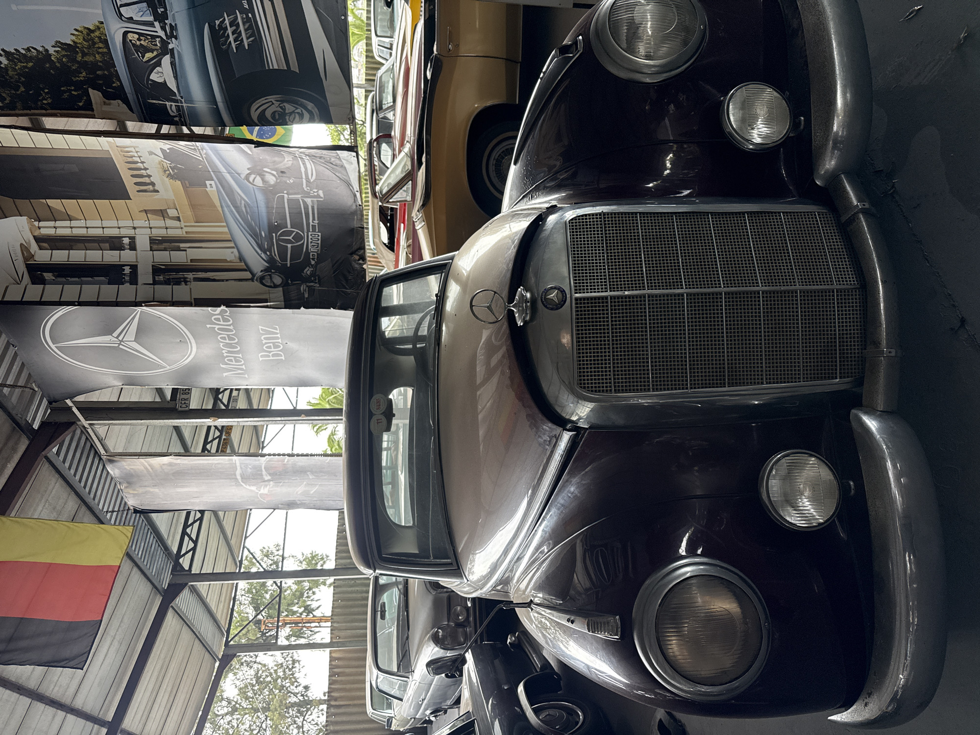 The image depicts a collection of classic Mercedes-Benz cars inside a large building, likely a garage or showroom. The primary subject is a dark-colored vintage Mercedes, with a prominent grille and rounded headlights. Behind it, other classic cars are visible, some of which are tan or beige. There are also hanging banners featuring Mercedes-Benz logos and images of classic car models. A German flag hangs from the building's ceiling. The location appears to be a covered structure with corrugated metal walls and a steel framework. While the specific location in Kraaifontein, South Africa, is not visually identifiable, the image suggests an automotive museum or a specialized vintage car collection facility. There are no people visible in the shot.