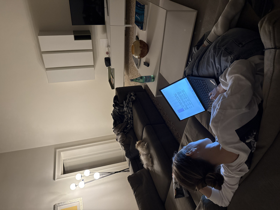 The scene depicts a modern living room interior within a residence located in Venice, Italy, observed during evening hours. A female individual is reclined on a dark grey sectional sofa, positioned with her back partially to the camera, and is operating a black ThinkPad laptop resting on her lap. She wears a white long-sleeved top and blue jeans; her hair is styled in a bun. The laptop screen emits a blue light, displaying a document or spreadsheet. Adjacent to her, on the same sofa, a small, light-colored dog is curled up and appears to be sleeping. Scattered clothing, including a plaid shirt, is draped over another section of the sofa.
In the foreground, a white, low-profile coffee table holds a green glass bottle of San Pellegrino sparkling water, a television remote control, a decorative ceramic pot with brown and orange tones, and two books. A contemporary floor lamp with four spherical light sources illuminates the left side of the room, near a partially visible doorway. On the right side of the room, a white modular wall-mounted unit composed of three vertical compartments and one dark-accented horizontal compartment is situated above a white low console table. A flat-screen television rests on this console table. The room's walls are light-colored.