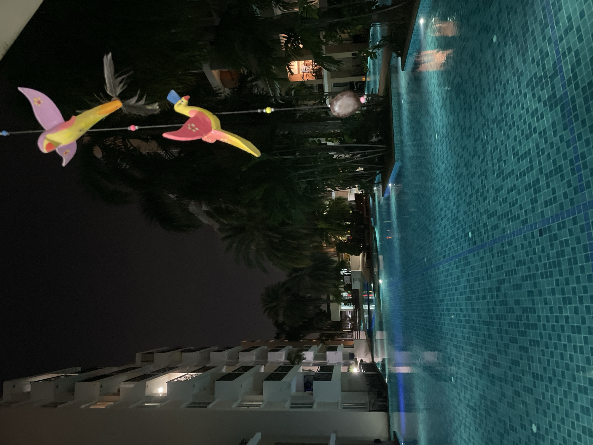 This is a nighttime, eye-level, medium shot of a resort swimming pool complex in Pattaya City, Thailand. The image captures a perspective looking across a large, illuminated turquoise swimming pool towards a multi-story building with balconies and lighted windows. Lush green palm trees are visible behind the pool, interspersed with portions of the building. Hanging from a string in the foreground are two colorful, cartoonish bird decorations, one pink and yellow with purple wings, the other yellow with a blue hat and pink wings. The pool itself is tiled with small, square turquoise tiles and features underwater lighting that casts a blue glow. Reflections of the building's lights and the sky are visible on the water's surface. The overall atmosphere is serene and tranquil, with the darkness of the night contrasted by the artificial lighting of the resort.