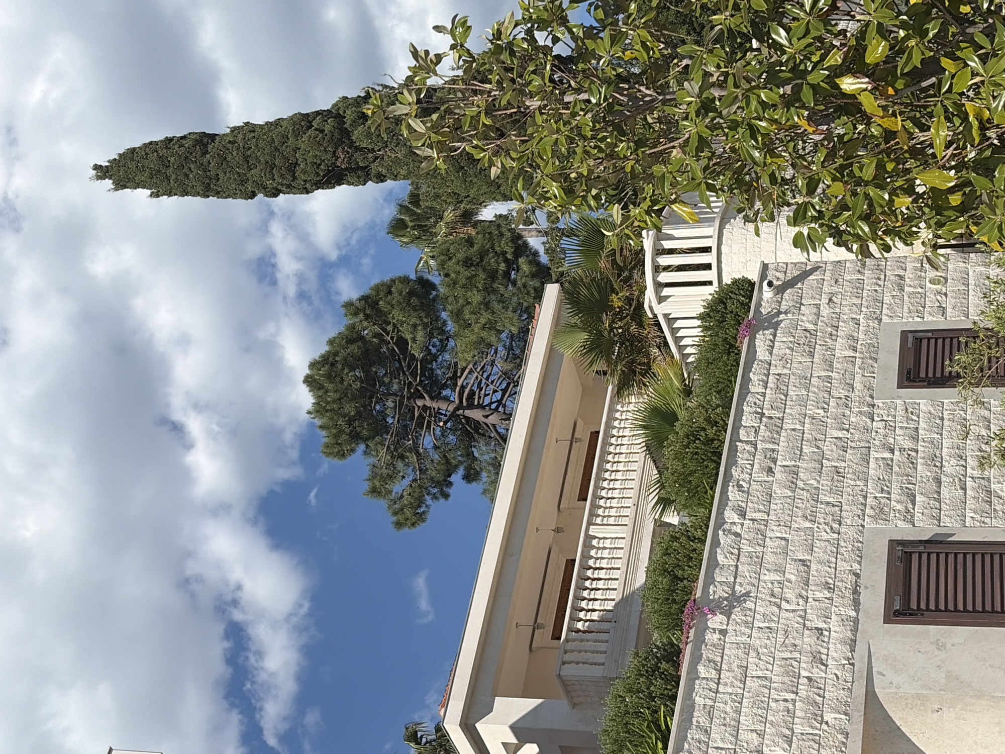 This image captures an outdoor scene in Herceg Novi, Montenegro, showcasing architectural details and lush vegetation under a partly cloudy blue sky. The main subject is a light-colored building, likely a residence or hotel, constructed with a textured, stone-like facade. A prominent balcony with ornate white balusters extends along one side of the structure. The building features windows fitted with dark brown louvered shutters, and a security camera is visible on one of its walls.
The surrounding landscape is rich with diverse greenery. A very tall, slender, dark green cypress tree stands prominently on the left side, reaching high into the sky. Other trees include a large, spreading pine, several palm trees, and various leafy green trees and shrubs, some with large, glossy leaves. Small clusters of purple flowers are interspersed among the shrubs near the building.
The sky is bright blue with scattered white, fluffy clouds, indicating clear and pleasant daytime conditions. The lighting suggests it is either morning or afternoon. The scene evokes a tranquil Mediterranean or sub-tropical atmosphere. No people or visible text are present in the image.