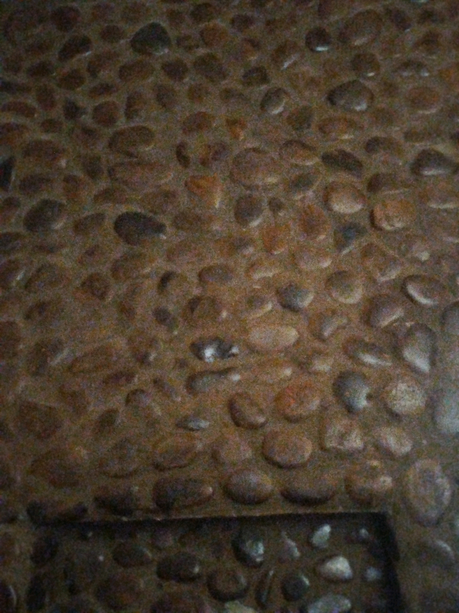 The image shows a close-up, slightly blurred view of a mosaic made of small, smooth, dark brown and reddish-brown pebbles. The pebbles are rounded and vary in size, fitted together to form a textured surface. Some pebbles have lighter colored specks or a slight sheen, suggesting they might be wet or polished. A dark, rectangular border or recessed area is visible at the bottom of the image, also filled with similar pebbles, some of which appear lighter and more distinct. The overall impression is of a natural, rustic paving or decorative element. There are no people, animals, or discernible activities. The image appears to be taken indoors or in a shaded outdoor area, as there is no direct sunlight and the lighting is subdued. The location is stated to be in the city of Tarakkiyot, Uzbekistan, implying this mosaic is a feature of a building, park, or public space within that city.